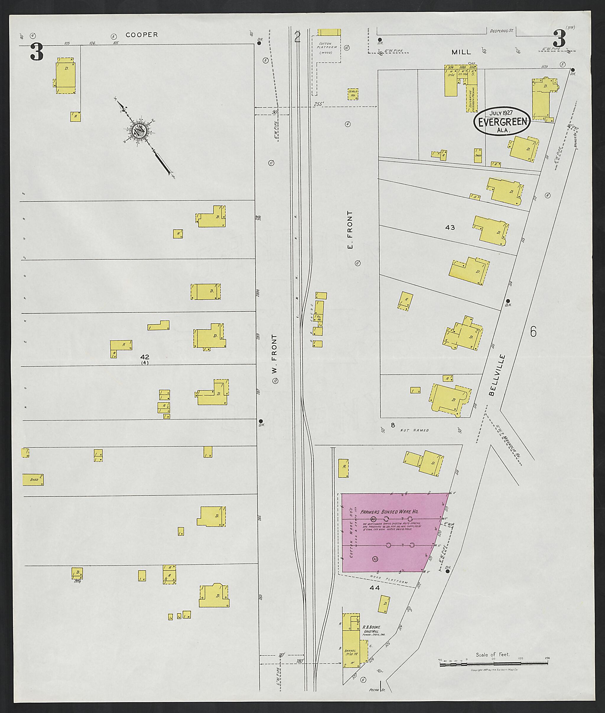 This old map of Evergreen, Conecuh County, Alabama was created by Sanborn Map Company in 1927