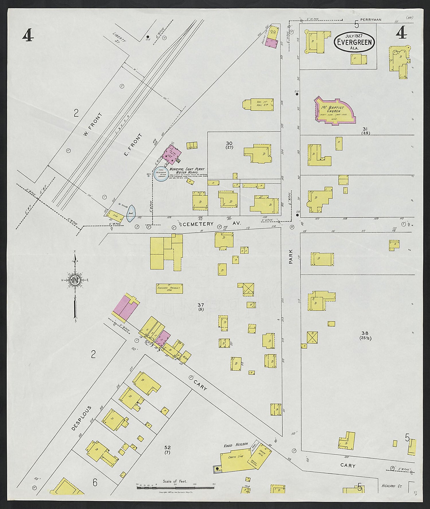 This old map of Evergreen, Conecuh County, Alabama was created by Sanborn Map Company in 1927