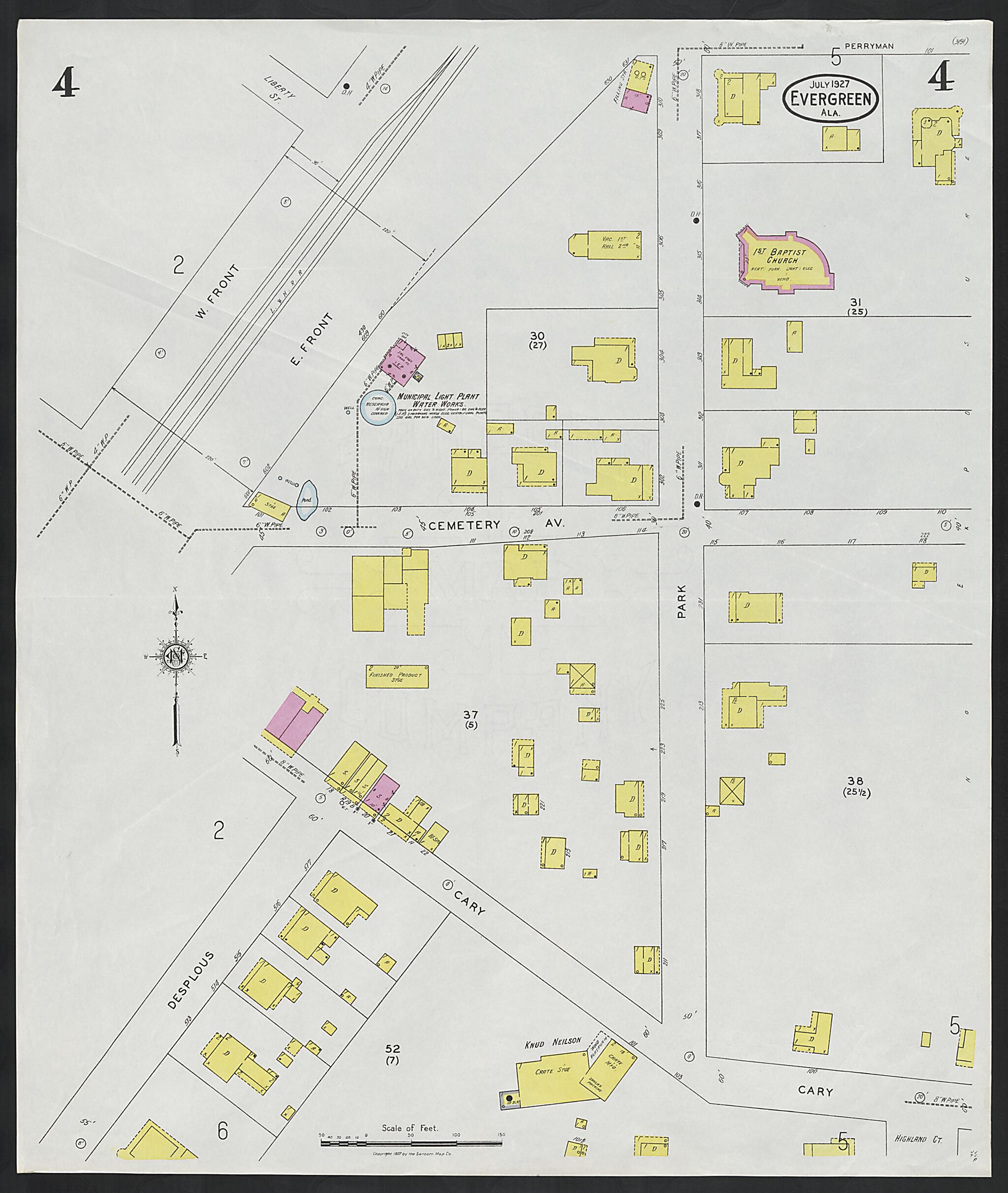 This old map of Evergreen, Conecuh County, Alabama was created by Sanborn Map Company in 1927