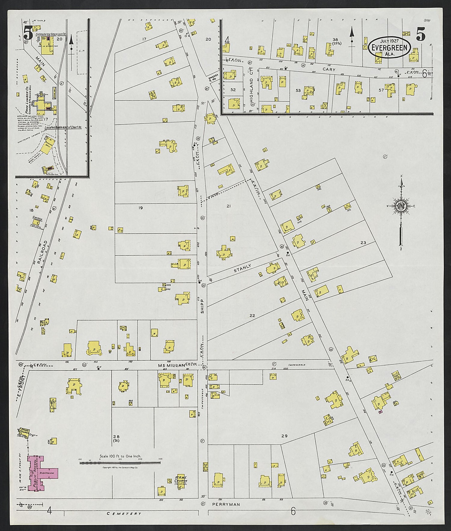 This old map of Evergreen, Conecuh County, Alabama was created by Sanborn Map Company in 1927