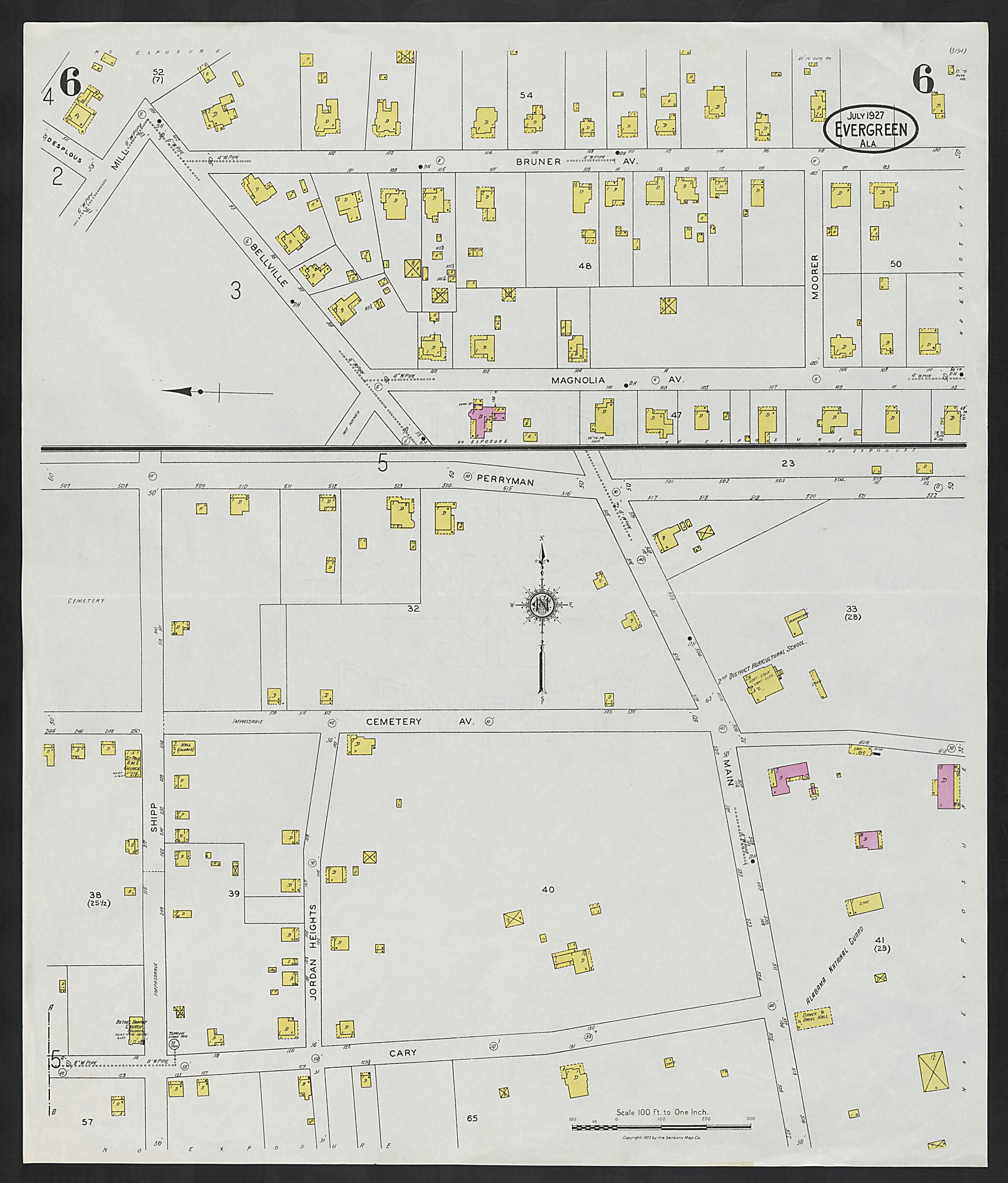 This old map of Evergreen, Conecuh County, Alabama was created by Sanborn Map Company in 1927