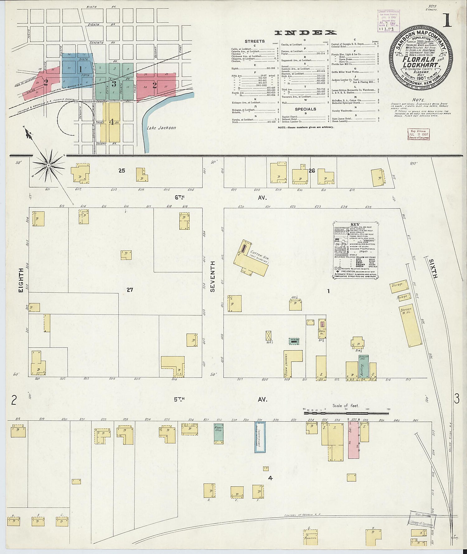 This old map of Lockhart, Covington County, Alabama was created by Sanborn Map Company in 1907