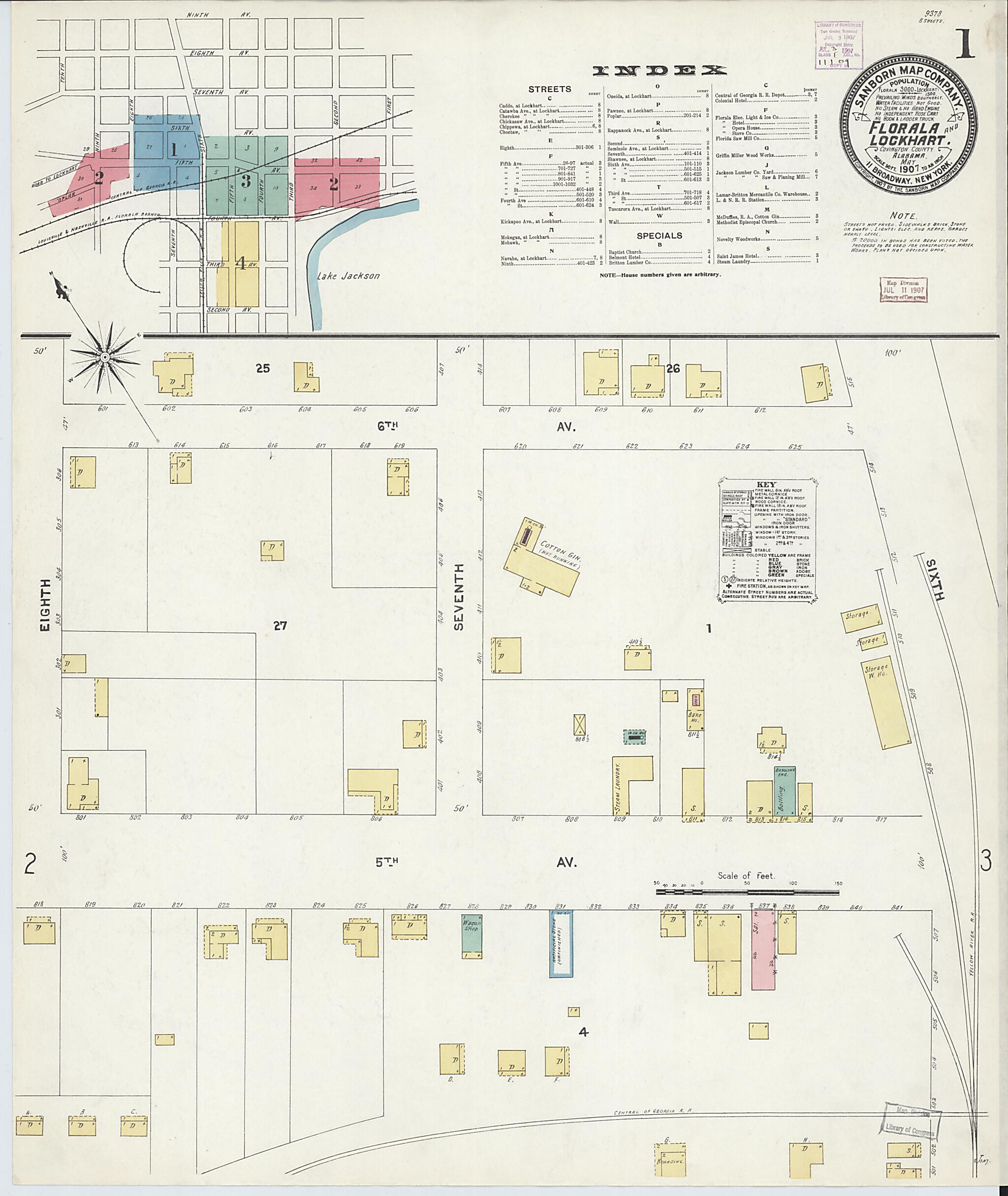 This old map of Lockhart, Covington County, Alabama was created by Sanborn Map Company in 1907