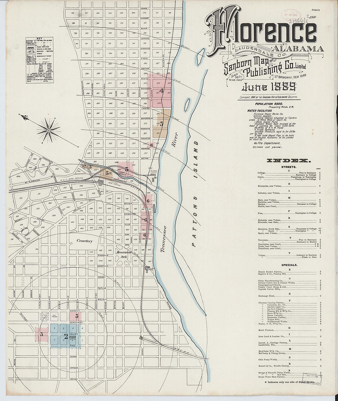 This old map of Florence, Lauderdale County, Alabama was created by Sanborn Map Company in 1889