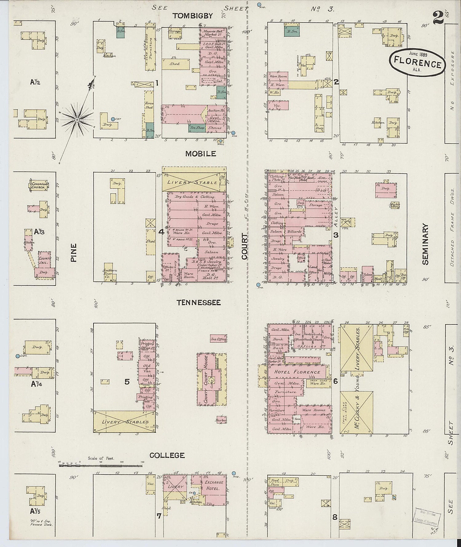 This old map of Florence, Lauderdale County, Alabama was created by Sanborn Map Company in 1889