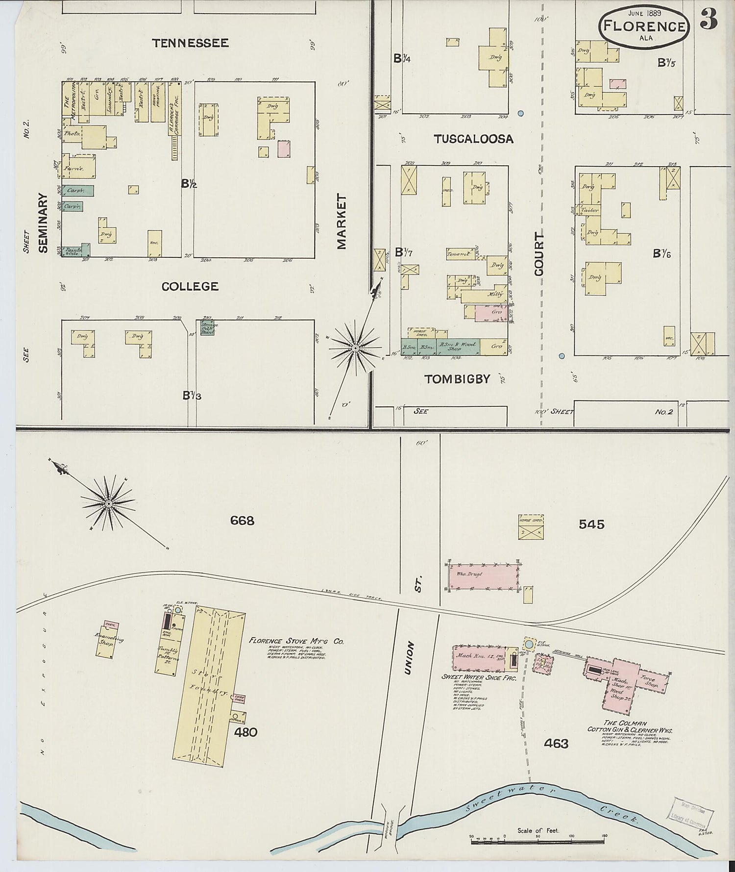 This old map of Florence, Lauderdale County, Alabama was created by Sanborn Map Company in 1889