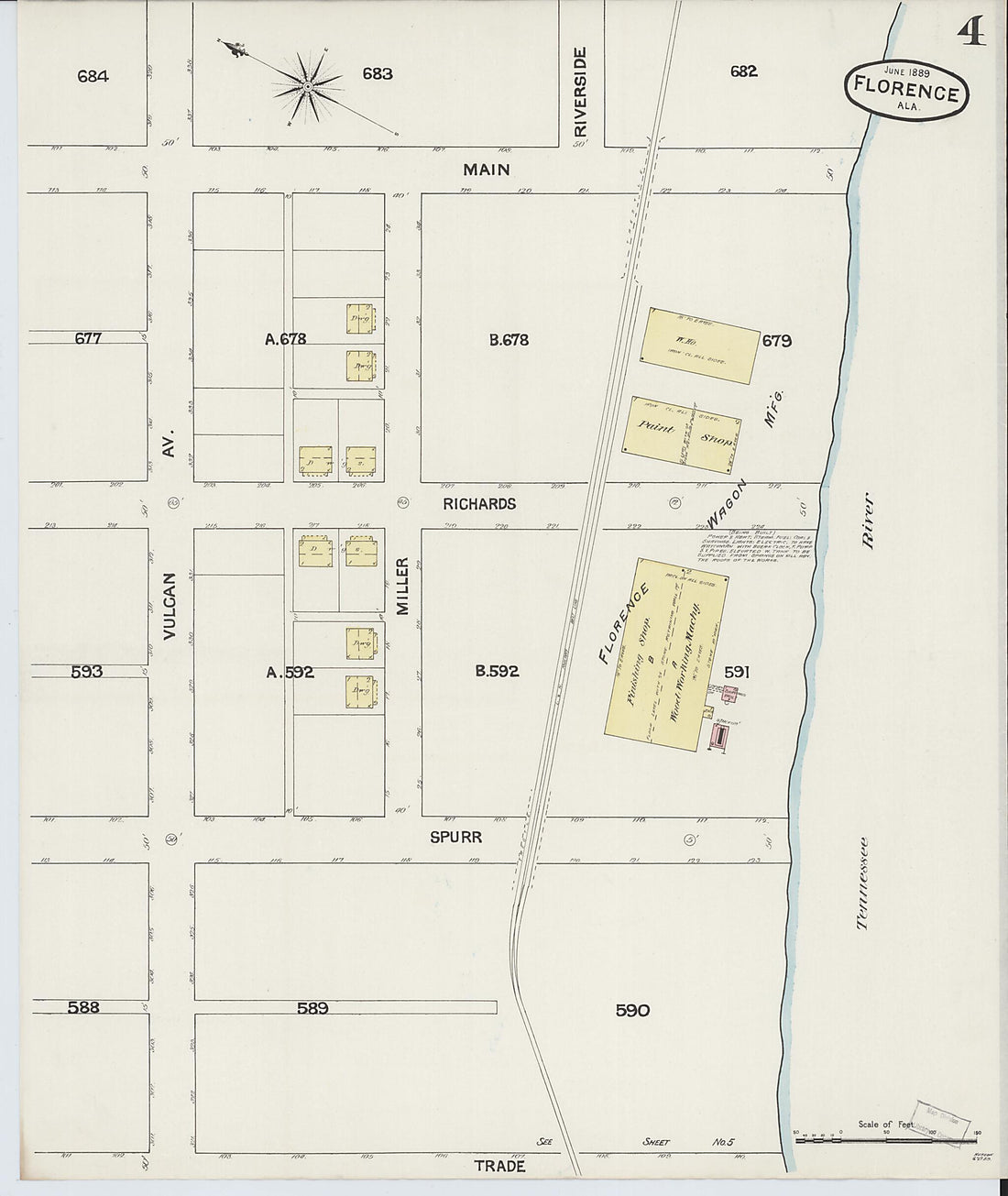 This old map of Florence, Lauderdale County, Alabama was created by Sanborn Map Company in 1889