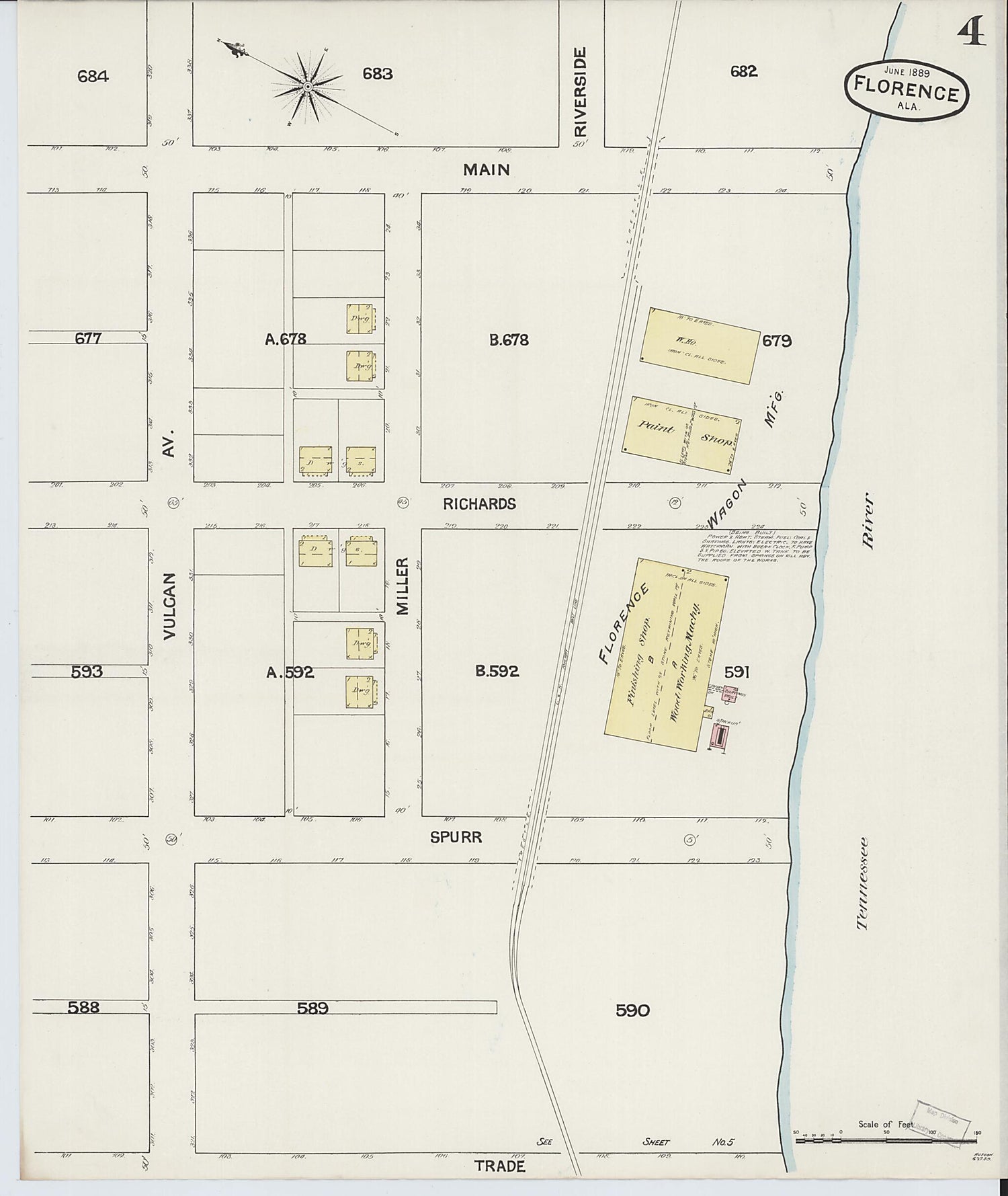 This old map of Florence, Lauderdale County, Alabama was created by Sanborn Map Company in 1889