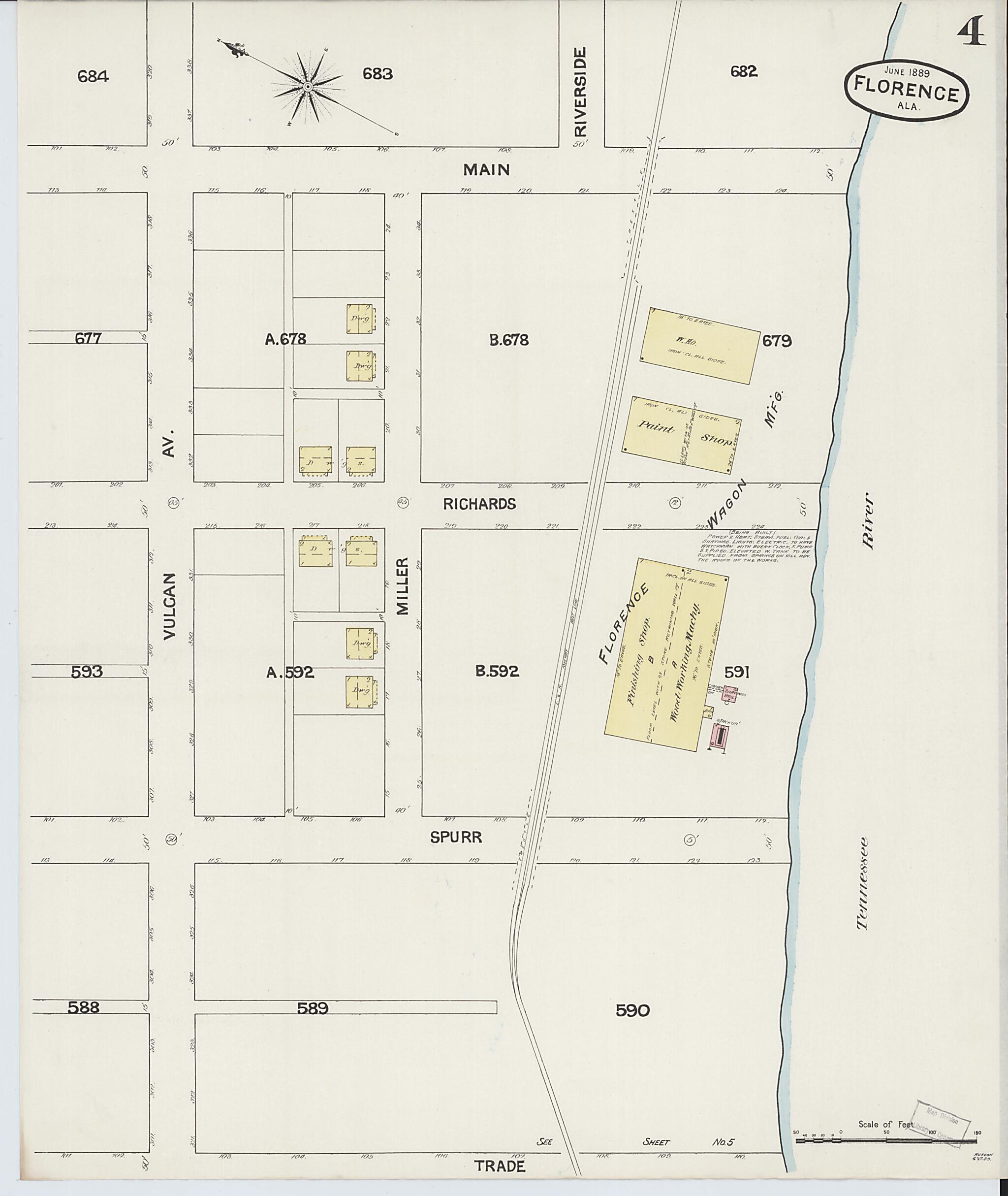 This old map of Florence, Lauderdale County, Alabama was created by Sanborn Map Company in 1889