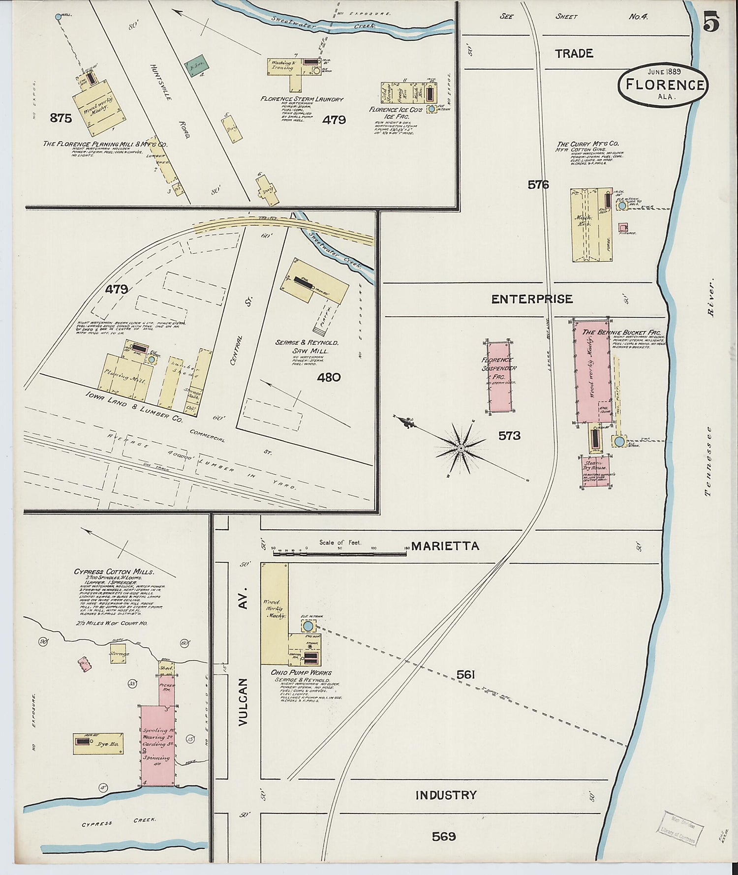 This old map of Florence, Lauderdale County, Alabama was created by Sanborn Map Company in 1889