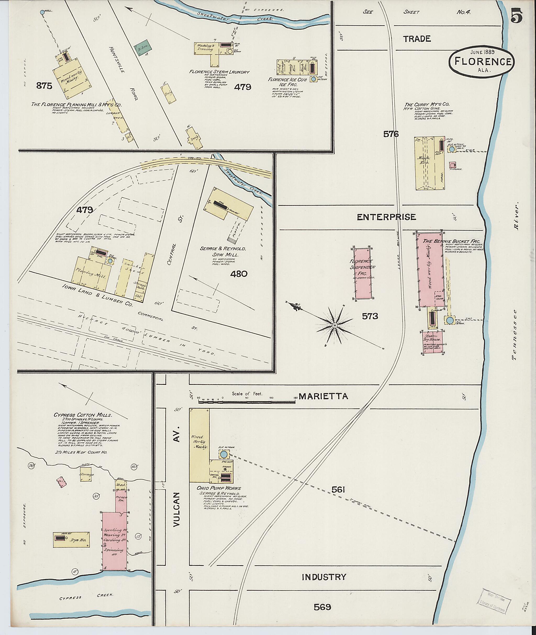 This old map of Florence, Lauderdale County, Alabama was created by Sanborn Map Company in 1889