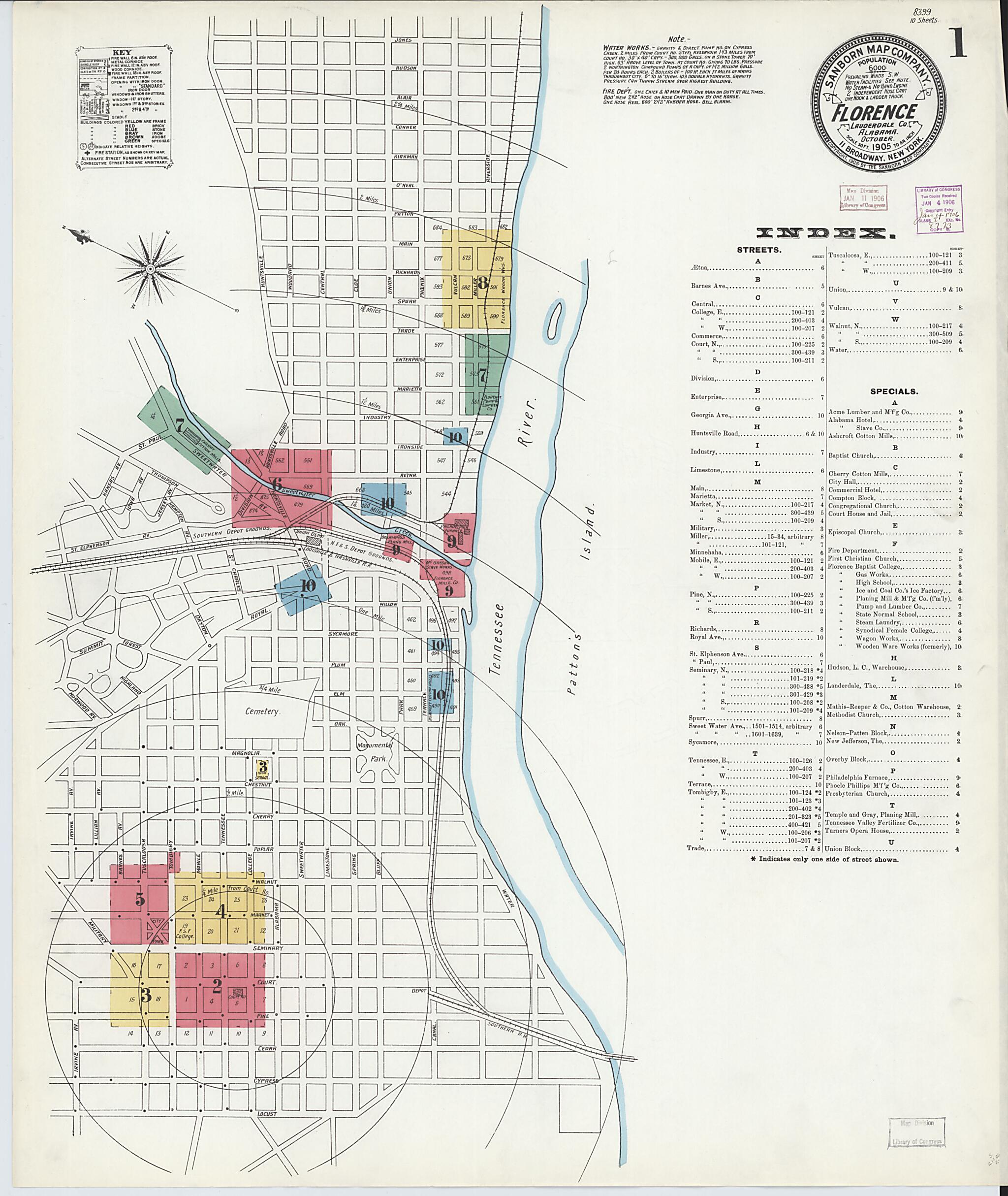 This old map of Florence, Lauderdale County, Alabama was created by Sanborn Map Company in 1905