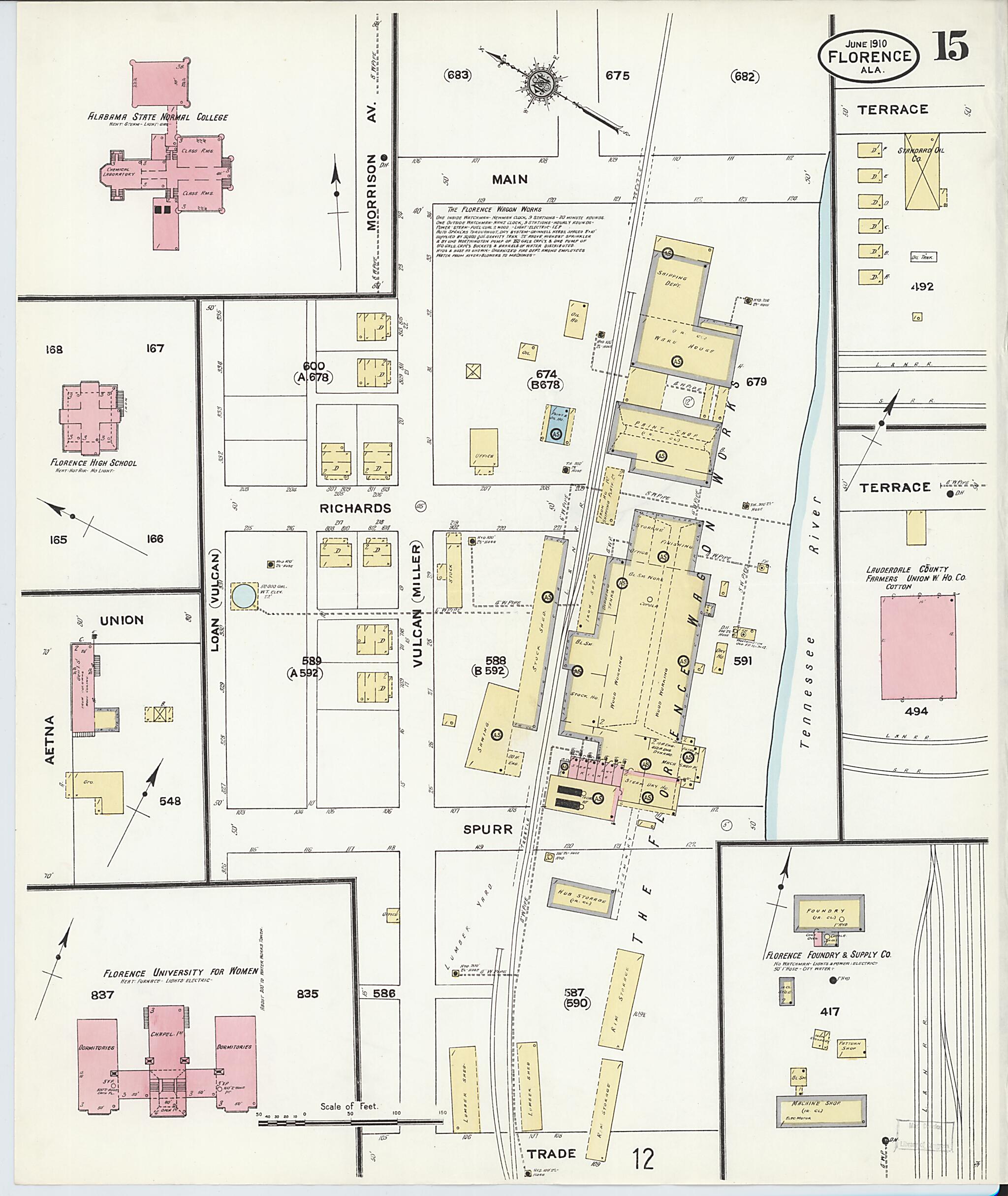 This old map of Florence, Lauderdale County, Alabama was created by Sanborn Map Company in 1910