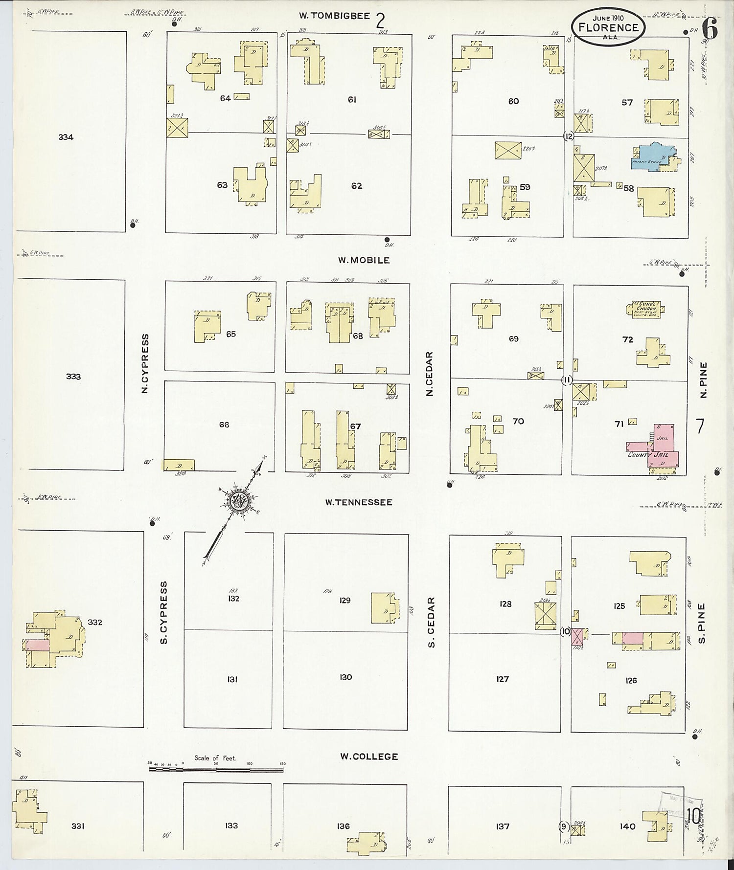 This old map of Florence, Lauderdale County, Alabama was created by Sanborn Map Company in 1910