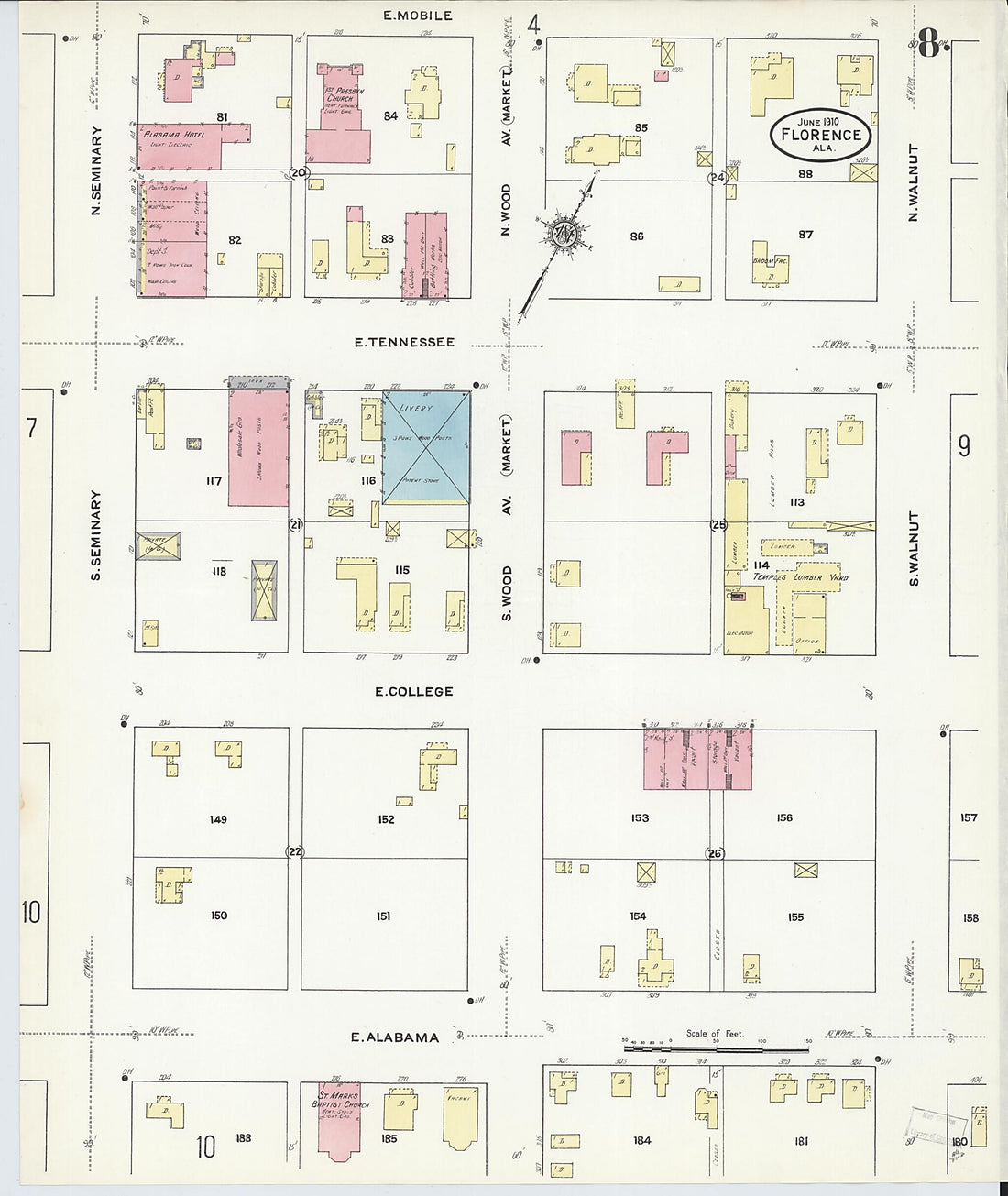 This old map of Florence, Lauderdale County, Alabama was created by Sanborn Map Company in 1910