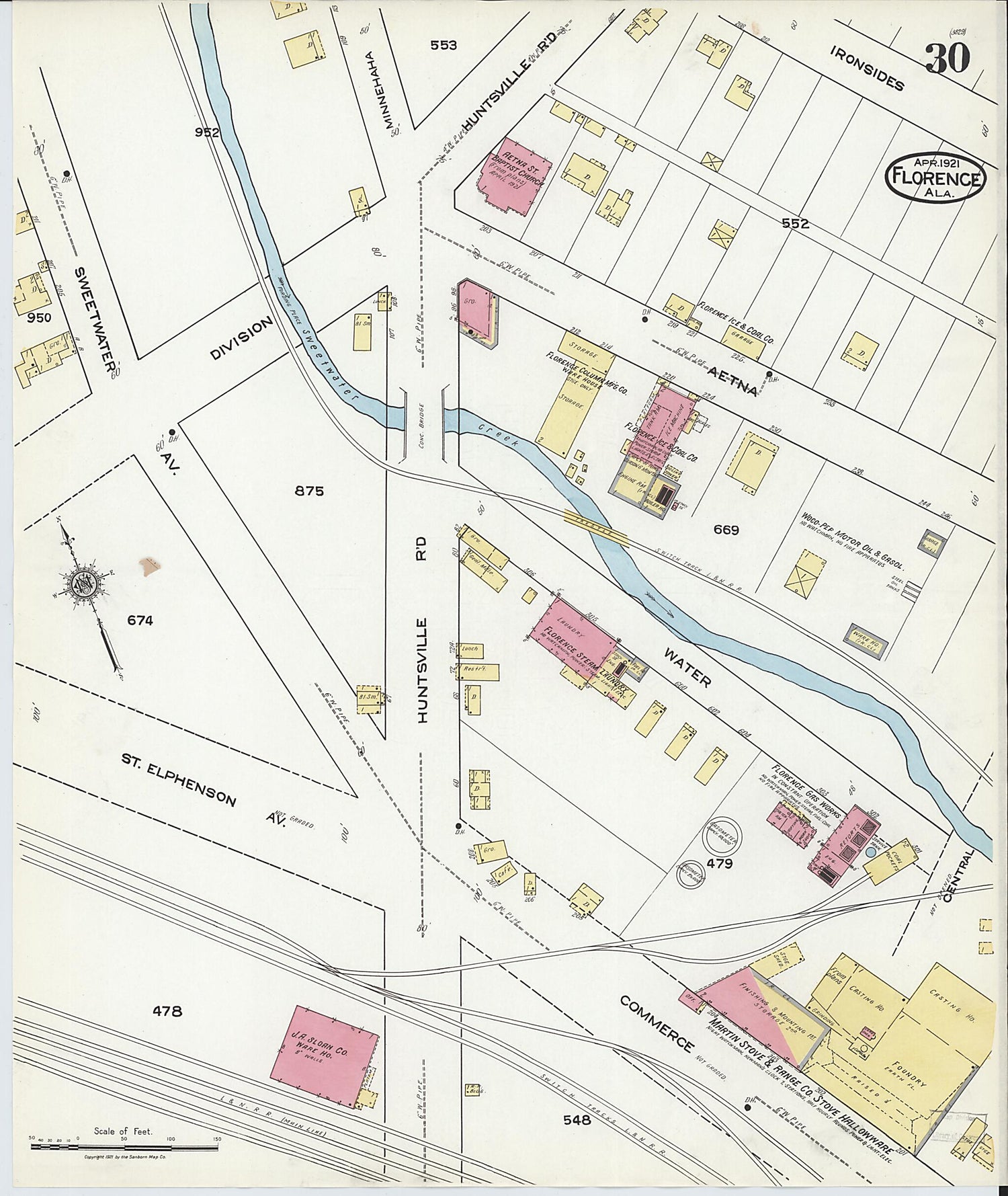 This old map of Waterloo, Lauderdale County, Alabama was created by Sanborn Map Company in 1921