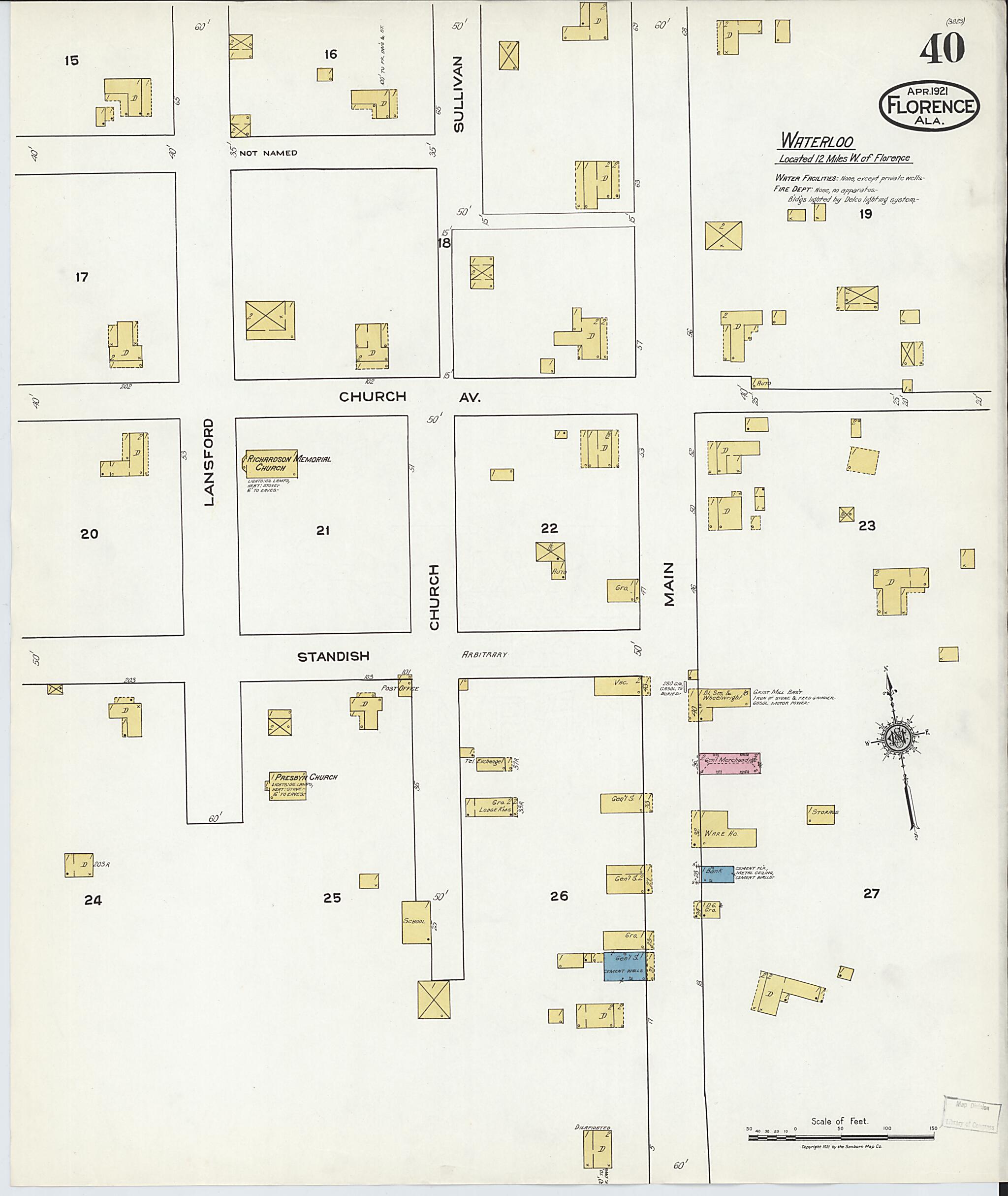 This old map of Waterloo, Lauderdale County, Alabama was created by Sanborn Map Company in 1921