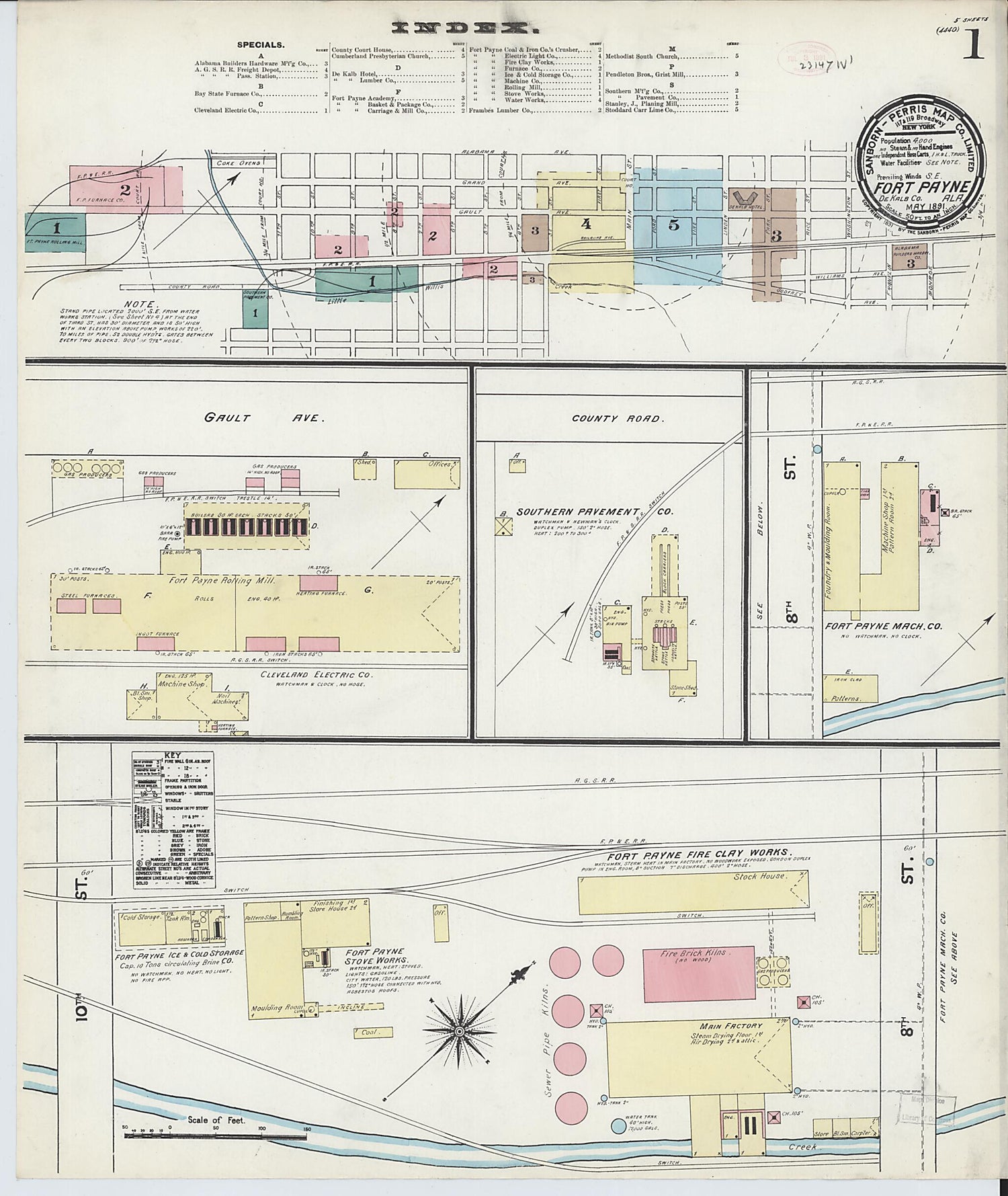 This old map of Fort Payne, Dekalb County, Alabama was created by Sanborn Map Company in 1891