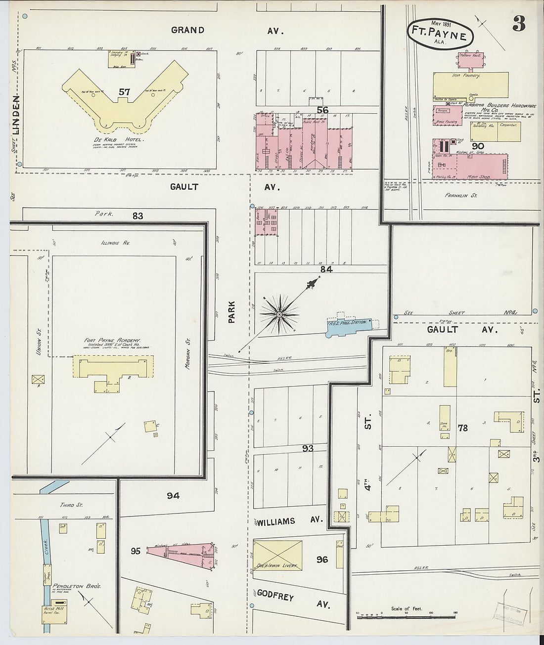 This old map of Fort Payne, Dekalb County, Alabama was created by Sanborn Map Company in 1891