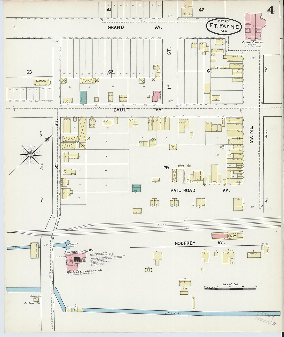 This old map of Fort Payne, Dekalb County, Alabama was created by Sanborn Map Company in 1891