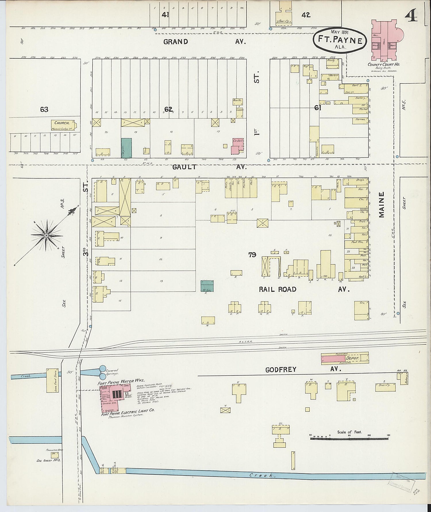 This old map of Fort Payne, Dekalb County, Alabama was created by Sanborn Map Company in 1891