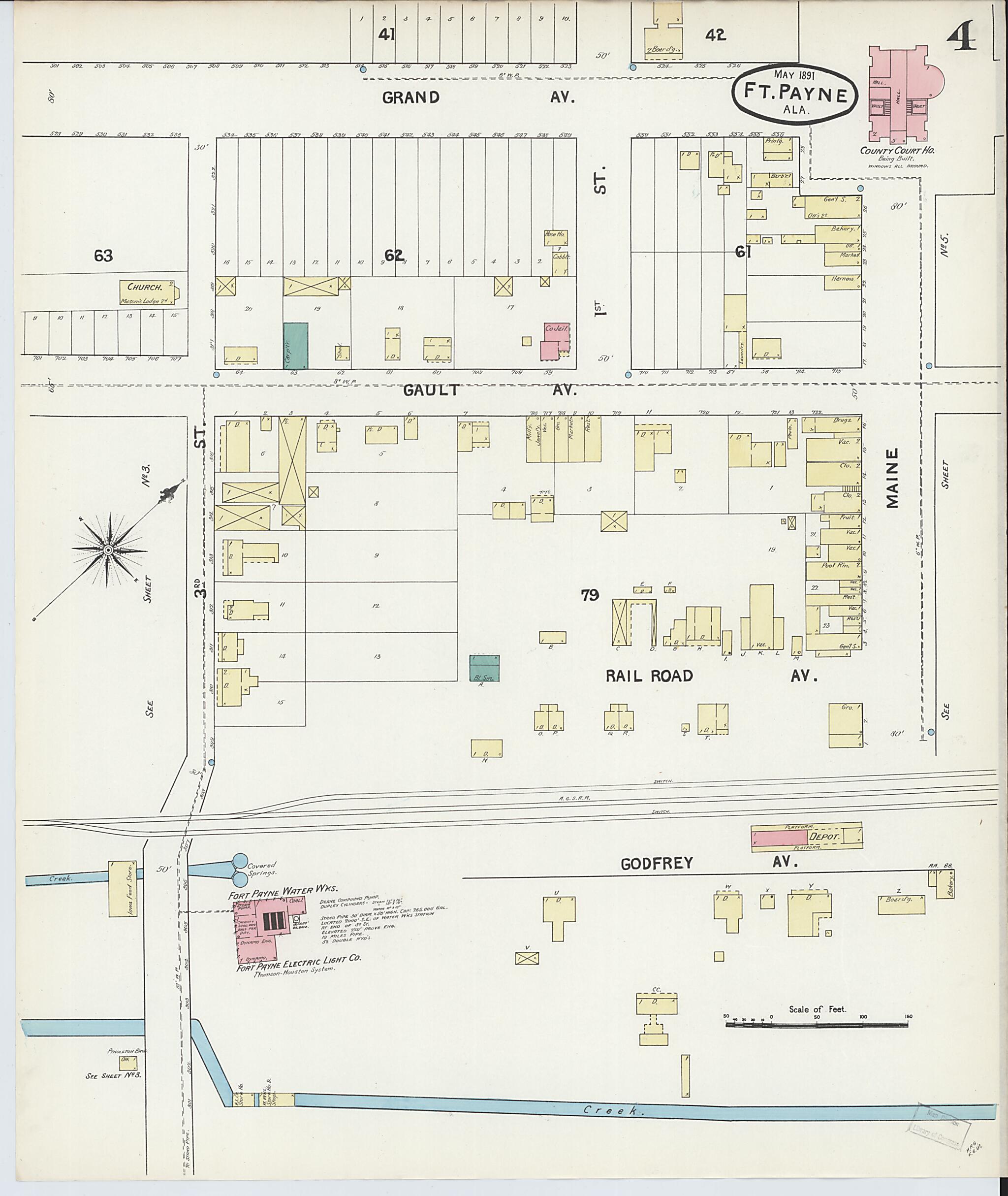 This old map of Fort Payne, Dekalb County, Alabama was created by Sanborn Map Company in 1891