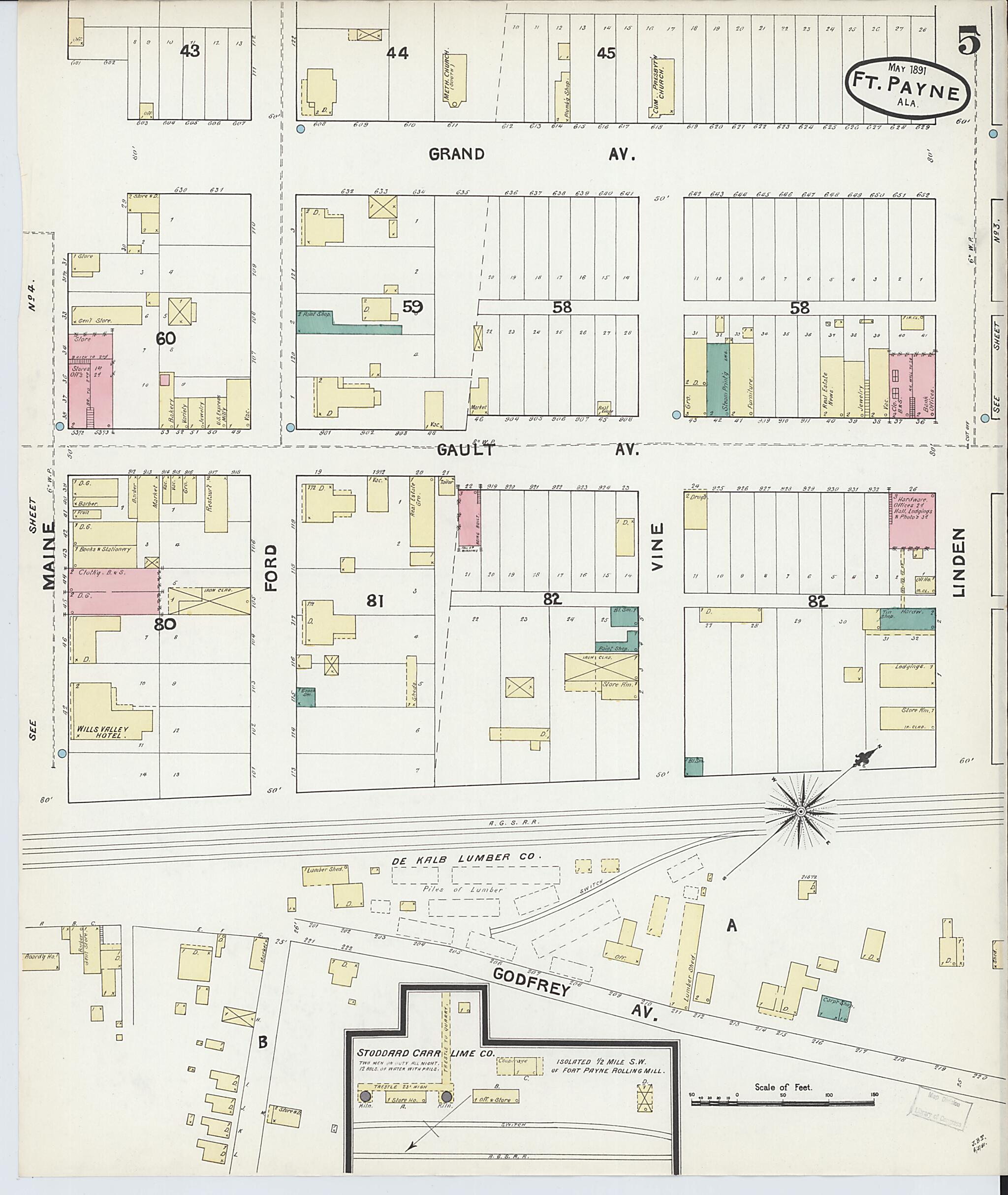 This old map of Fort Payne, Dekalb County, Alabama was created by Sanborn Map Company in 1891