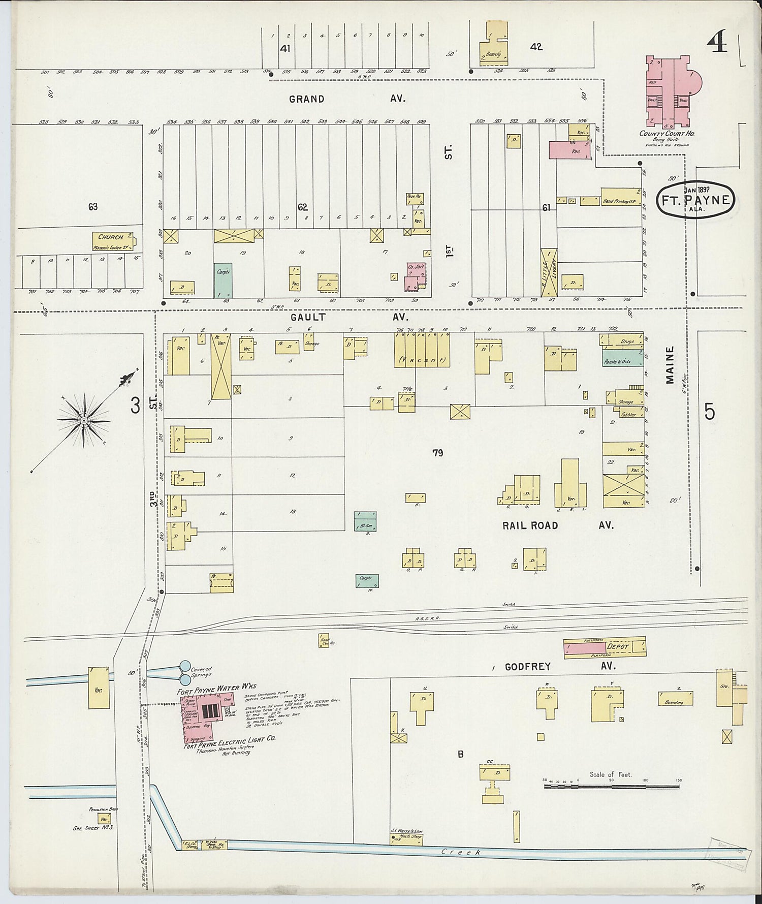 This old map of Fort Payne, Dekalb County, Alabama was created by Sanborn Map Company in 1897