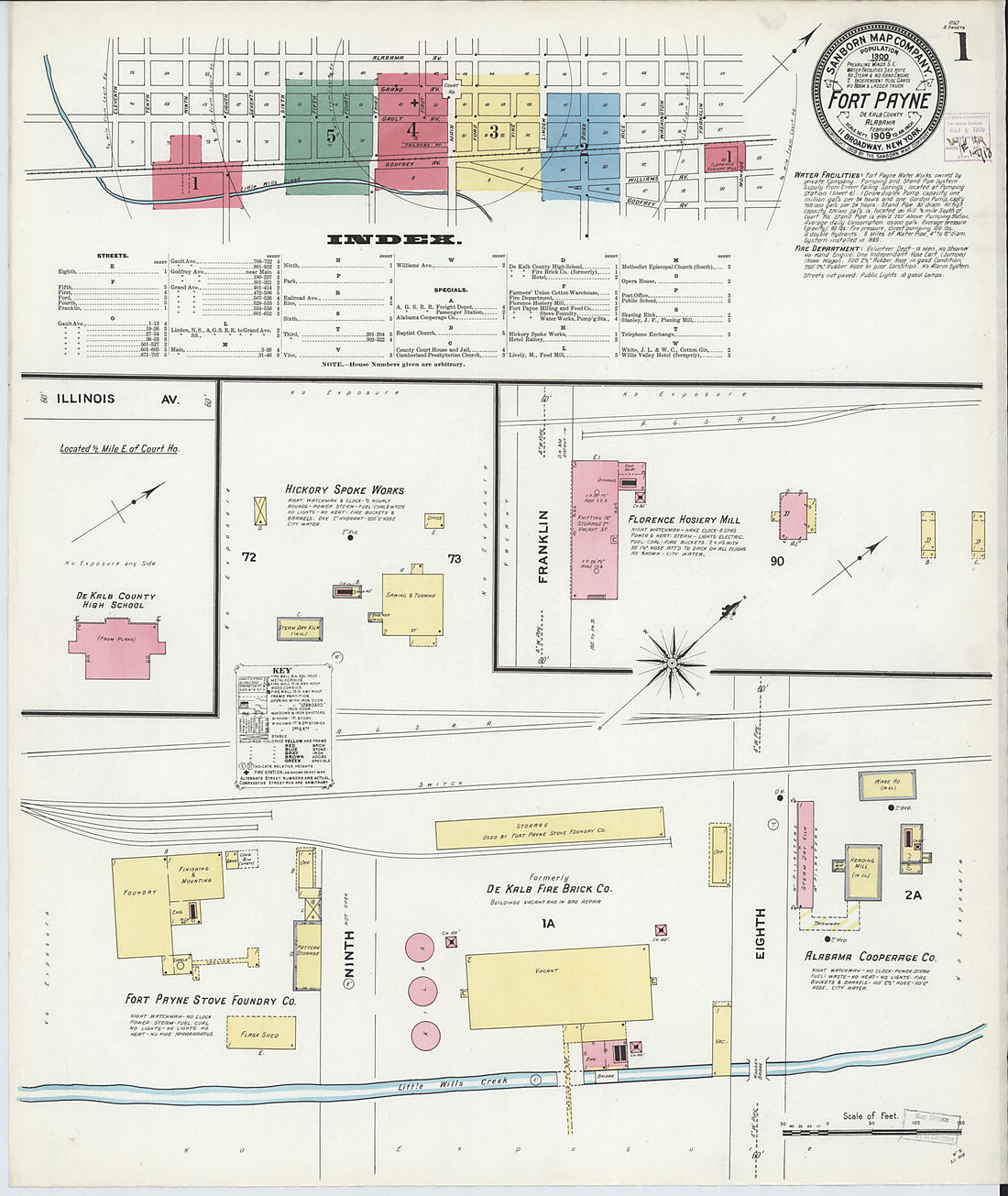 This old map of Fort Payne, Dekalb County, Alabama was created by Sanborn Map Company in 1909