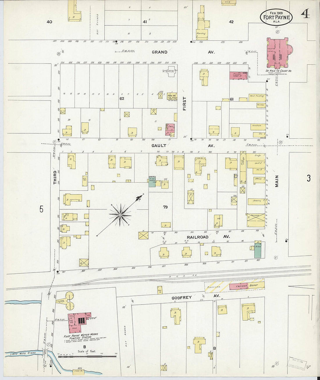 This old map of Fort Payne, Dekalb County, Alabama was created by Sanborn Map Company in 1909