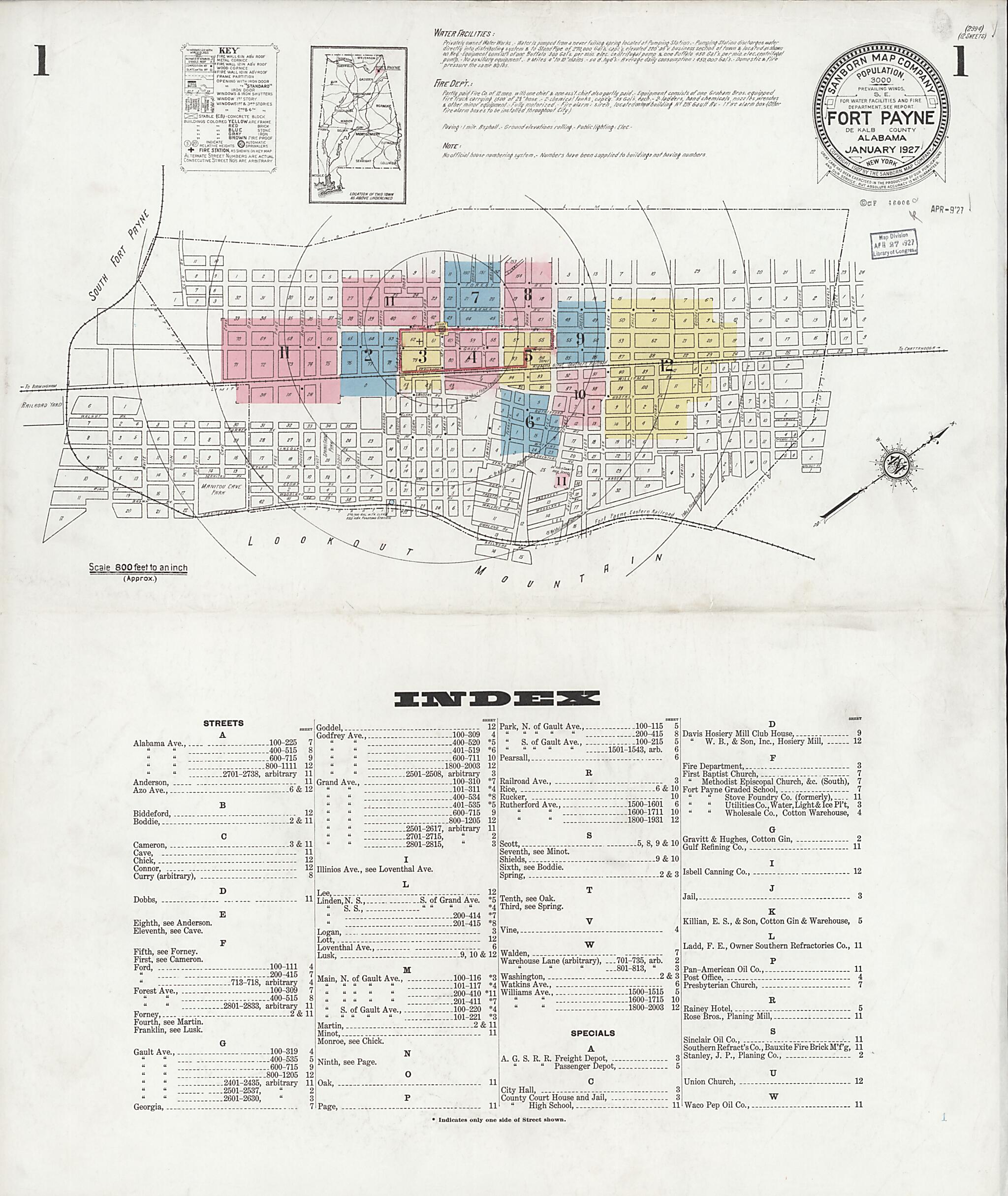 This old map of Fort Payne, Dekalb County, Alabama was created by Sanborn Map Company in 1927