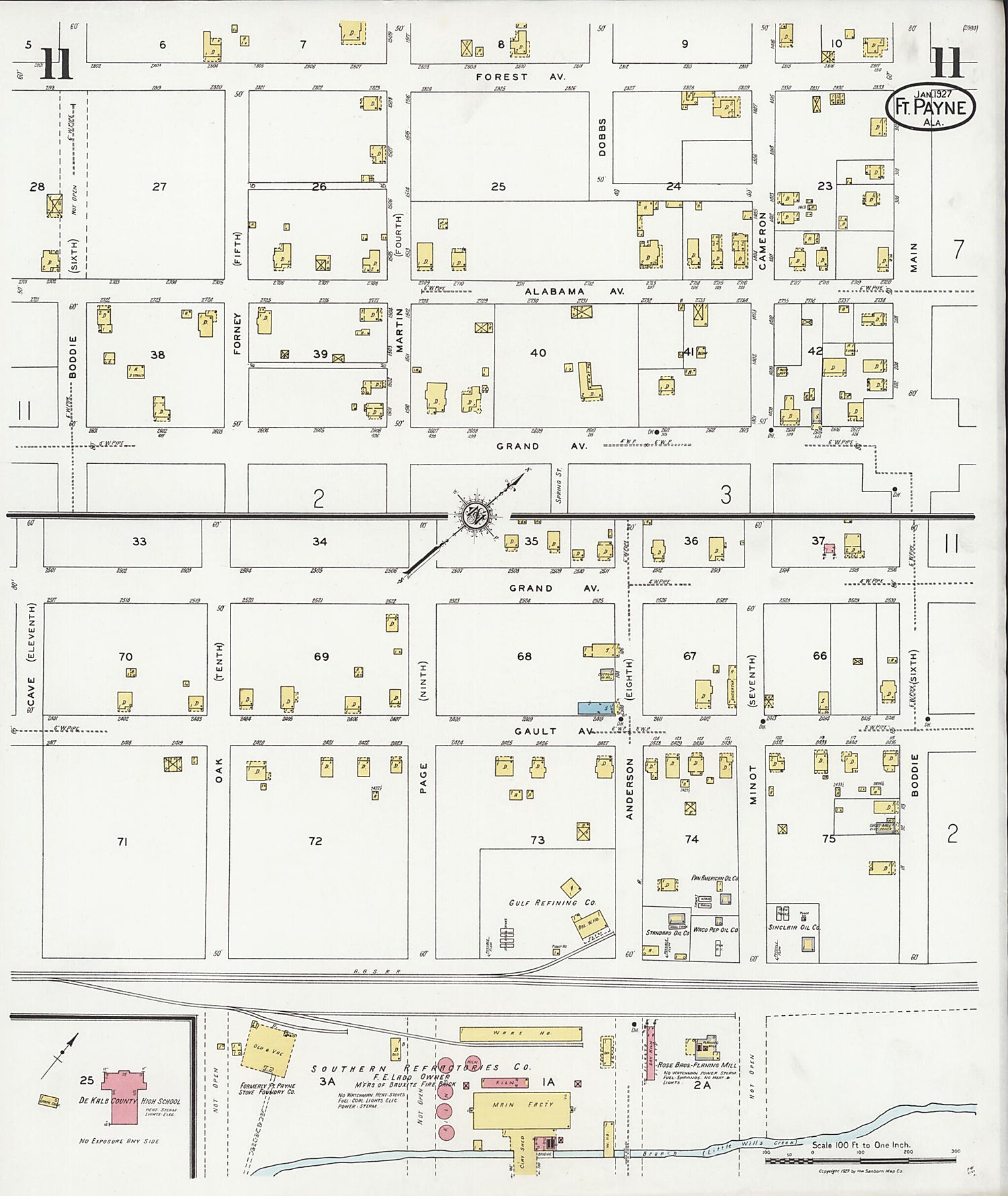 This old map of Fort Payne, Dekalb County, Alabama was created by Sanborn Map Company in 1927