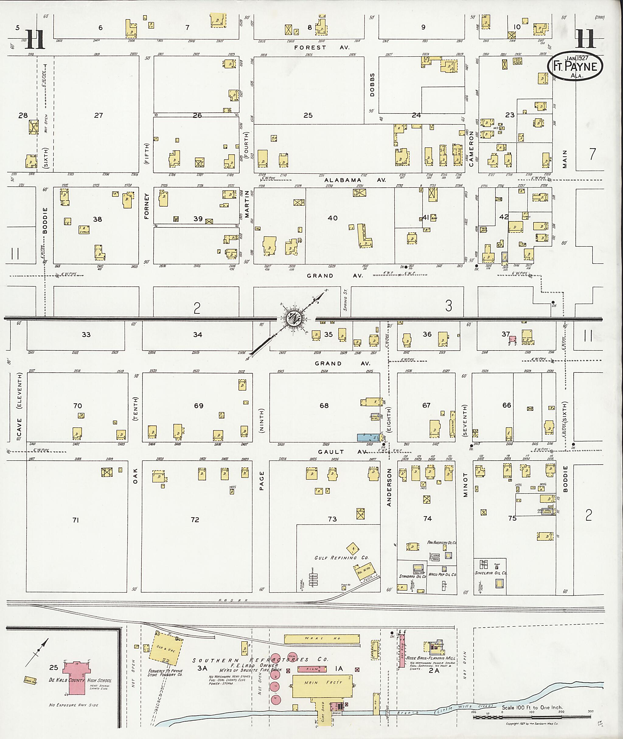 This old map of Fort Payne, Dekalb County, Alabama was created by Sanborn Map Company in 1927