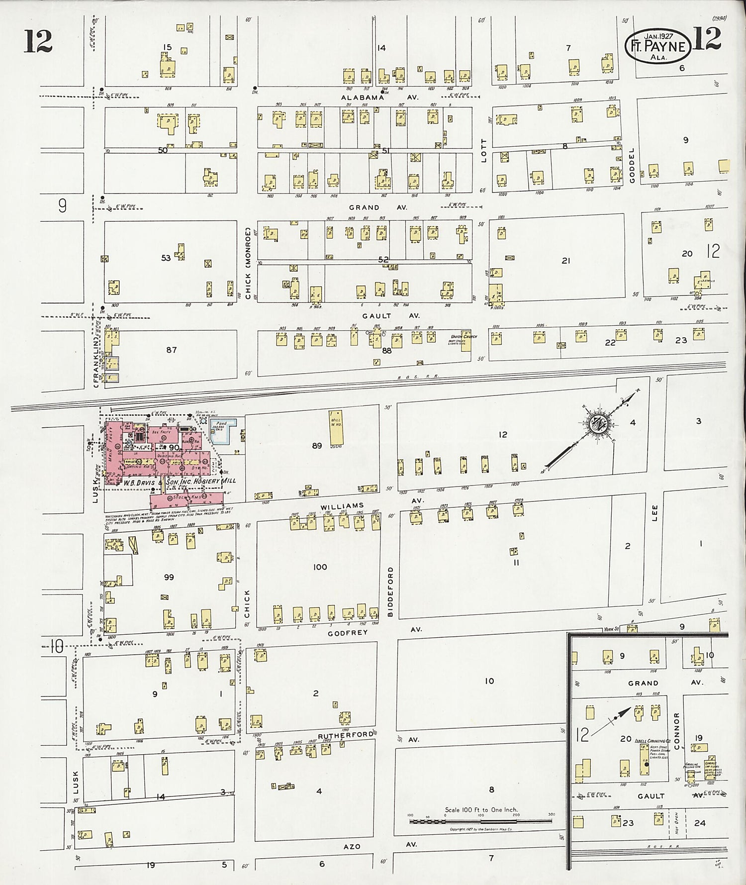 This old map of Fort Payne, Dekalb County, Alabama was created by Sanborn Map Company in 1927