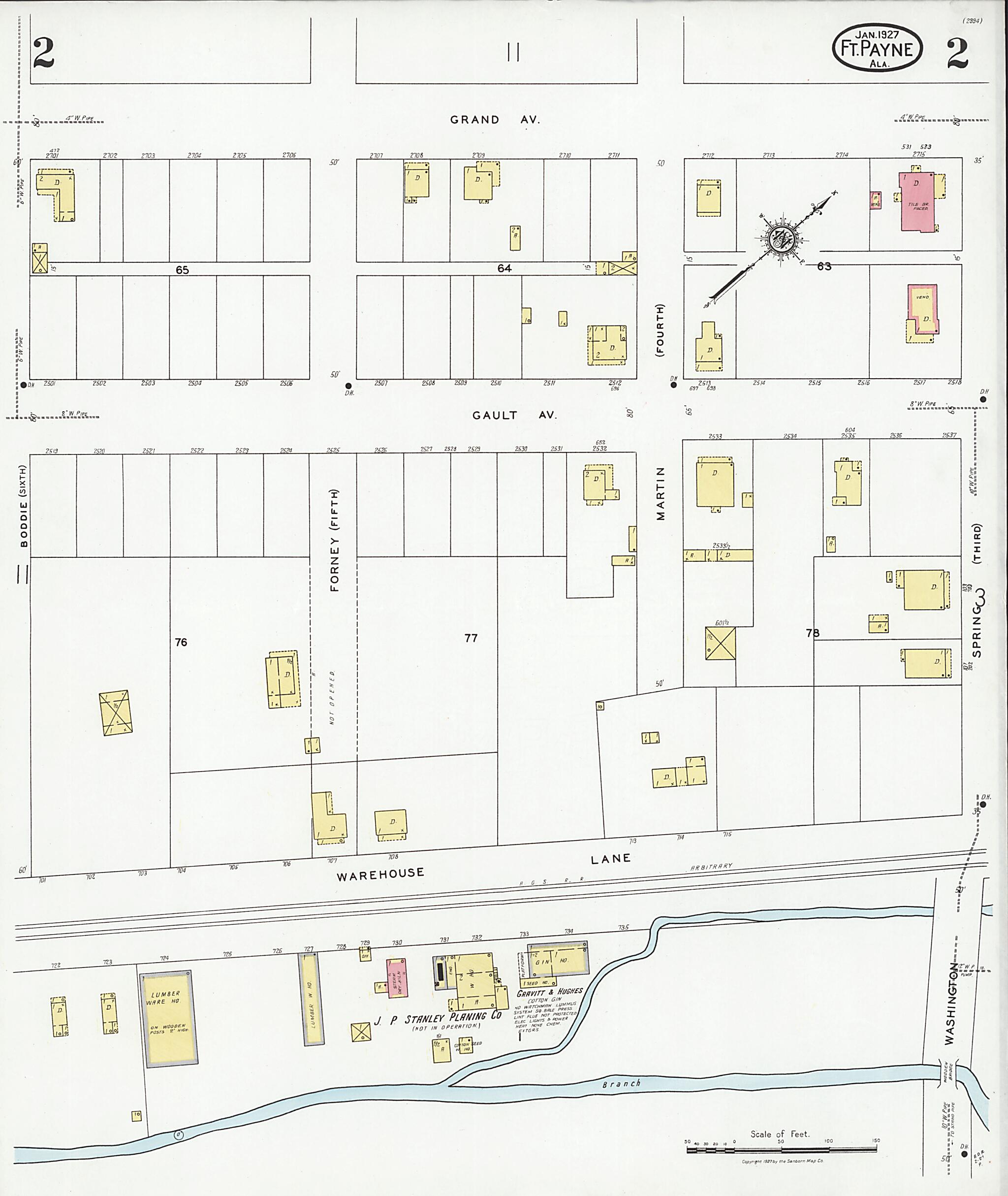 This old map of Fort Payne, Dekalb County, Alabama was created by Sanborn Map Company in 1927