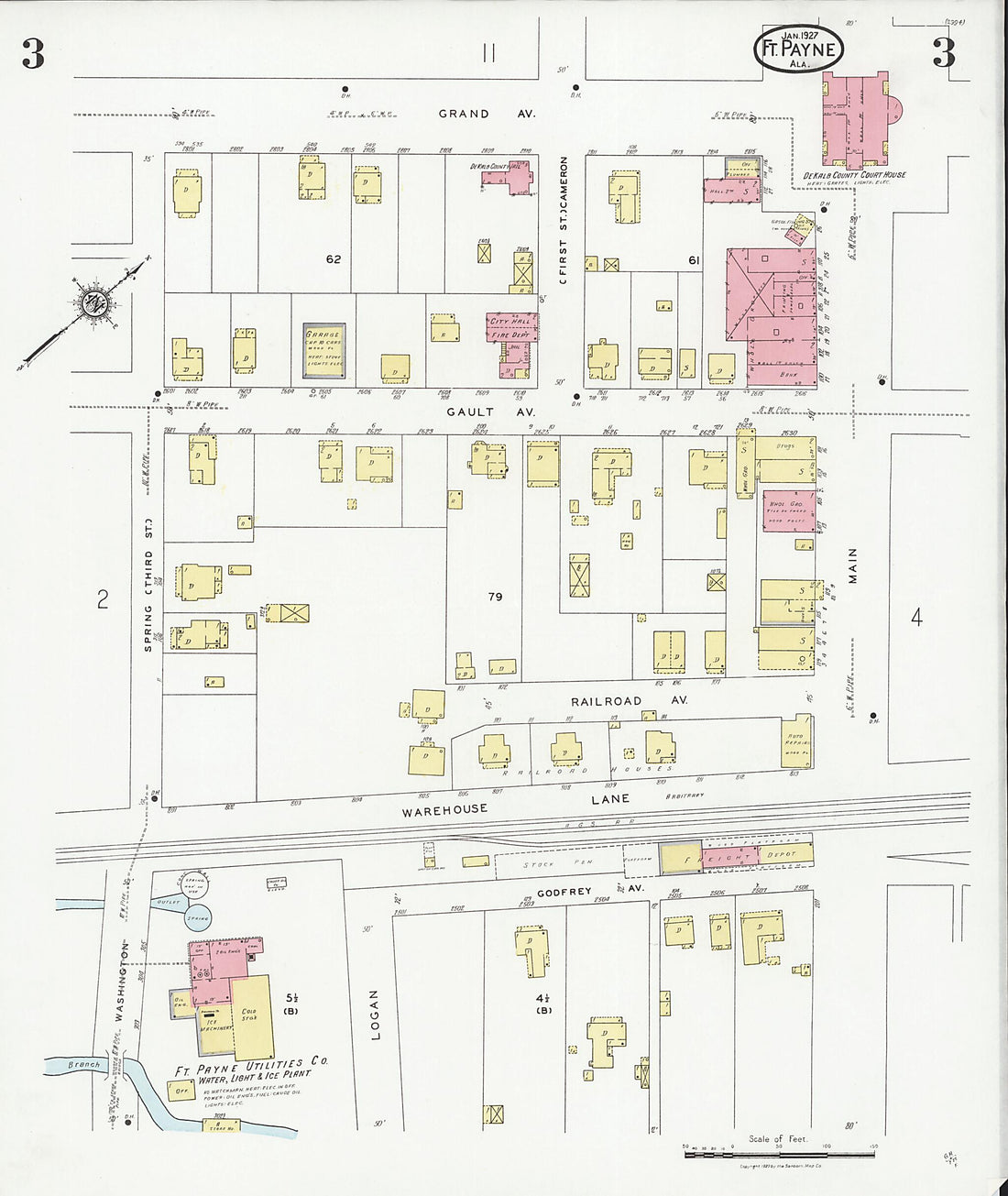 This old map of Fort Payne, Dekalb County, Alabama was created by Sanborn Map Company in 1927