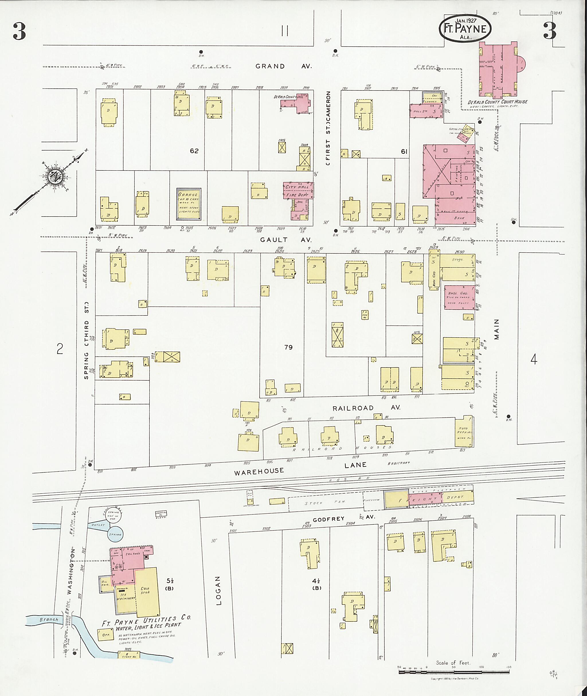 This old map of Fort Payne, Dekalb County, Alabama was created by Sanborn Map Company in 1927