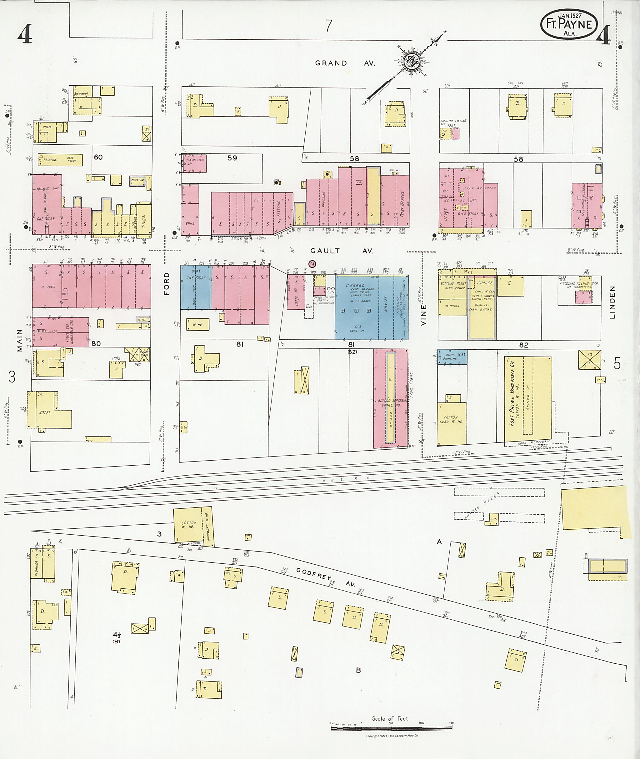 This old map of Fort Payne, Dekalb County, Alabama was created by Sanborn Map Company in 1927