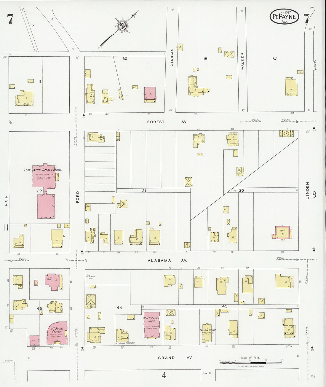 This old map of Fort Payne, Dekalb County, Alabama was created by Sanborn Map Company in 1927