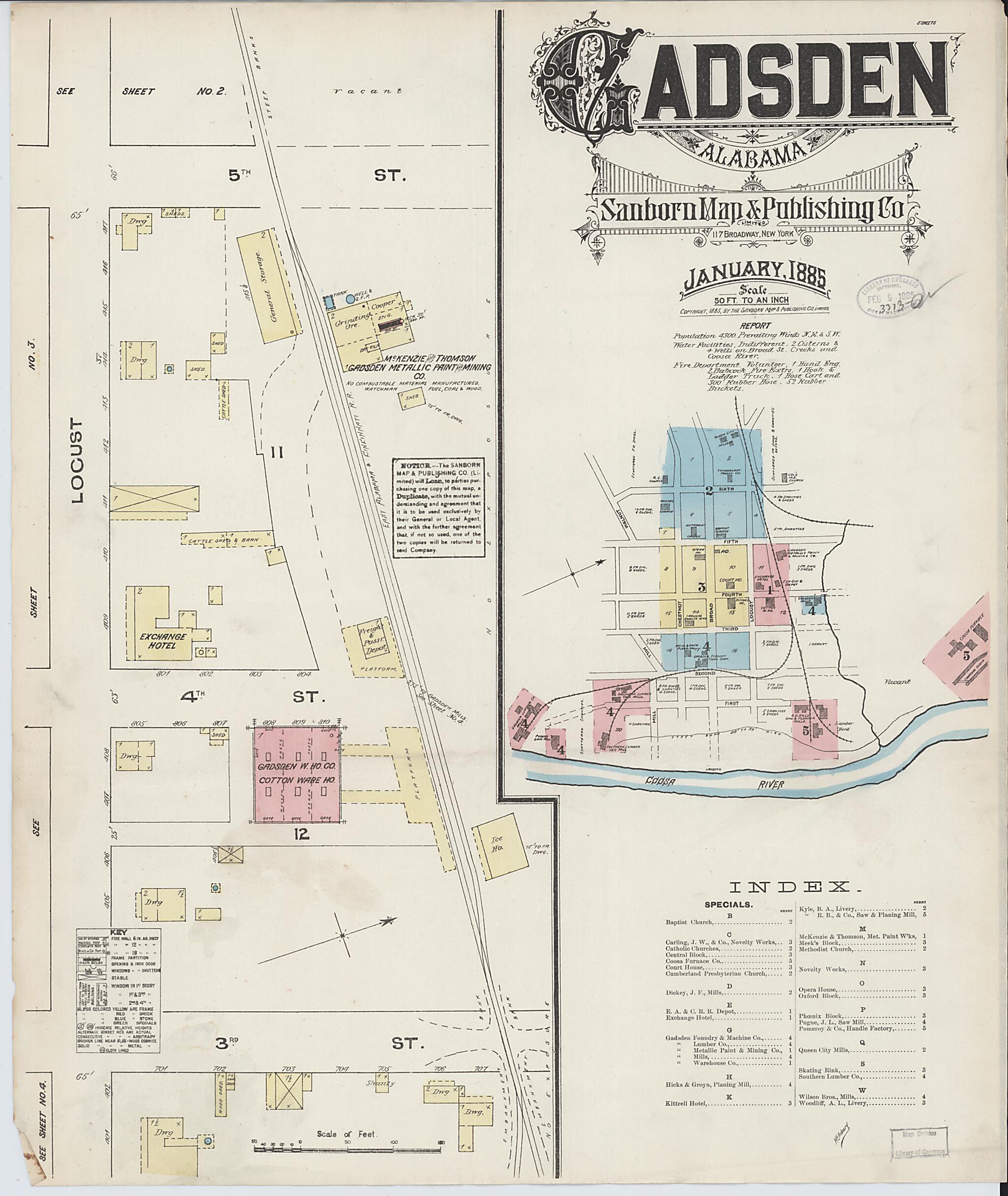 This old map of Gadsden, Etowah County, Alabama was created by Sanborn Map Company in 1885