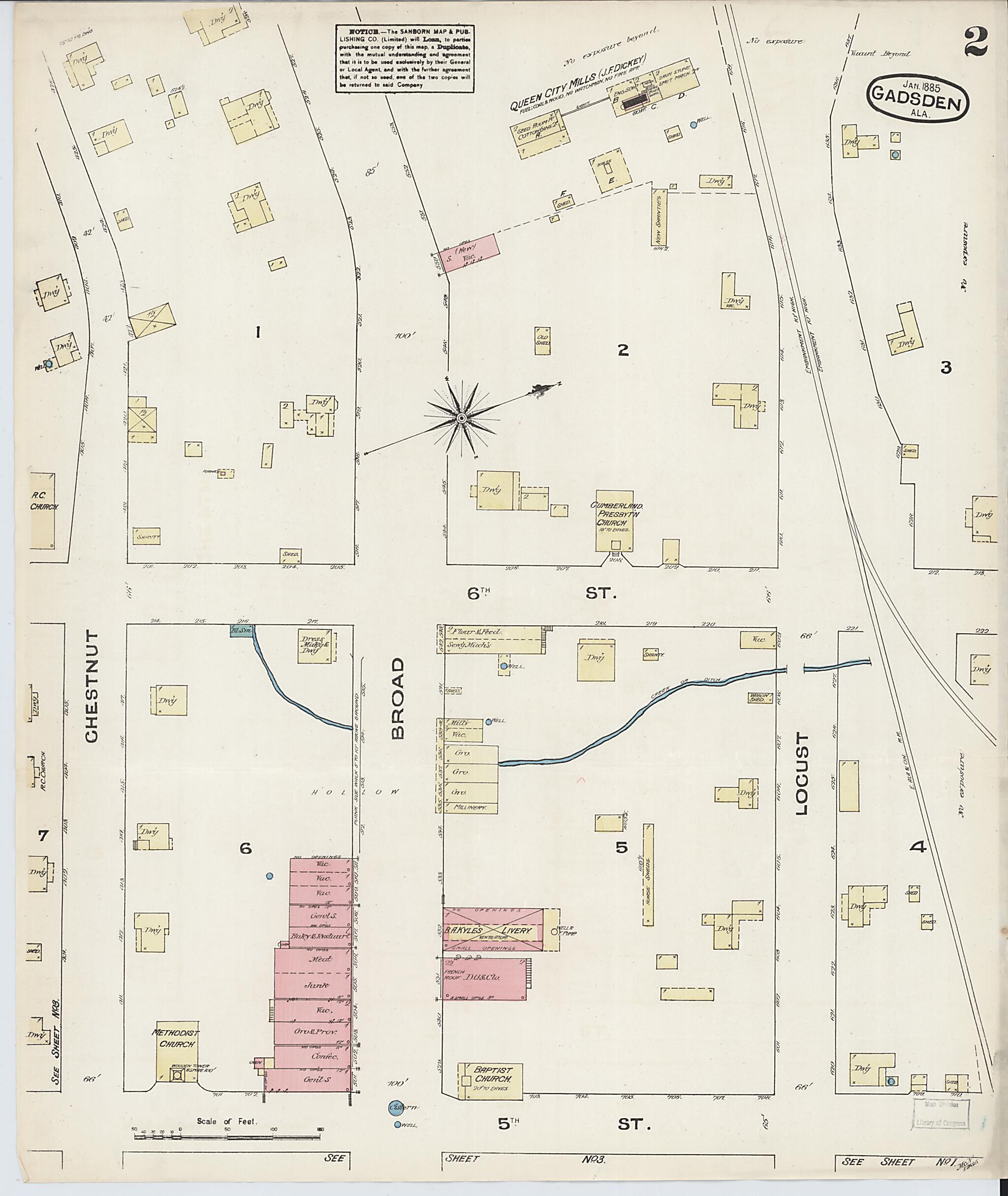 This old map of Gadsden, Etowah County, Alabama was created by Sanborn Map Company in 1885