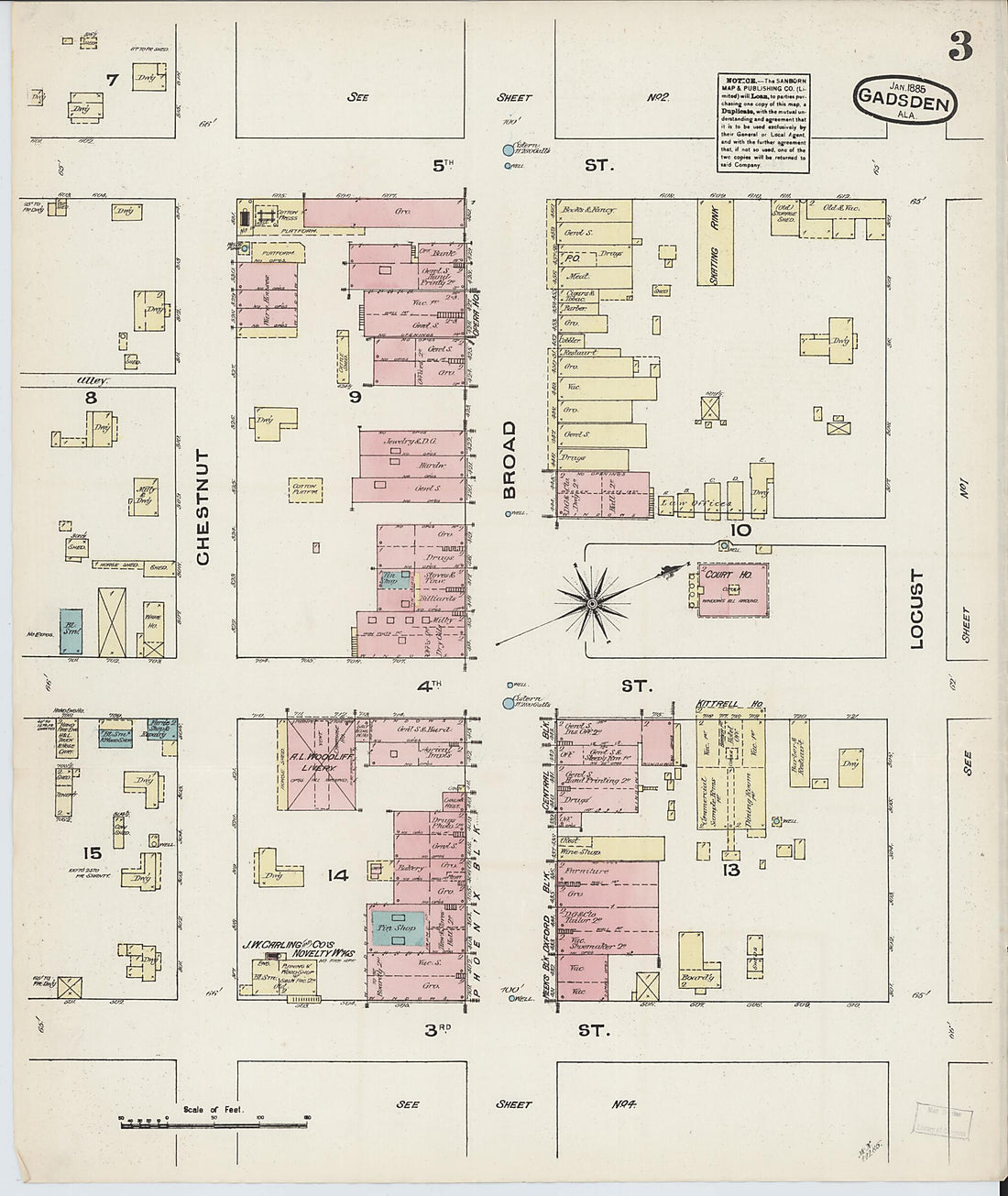 This old map of Gadsden, Etowah County, Alabama was created by Sanborn Map Company in 1885