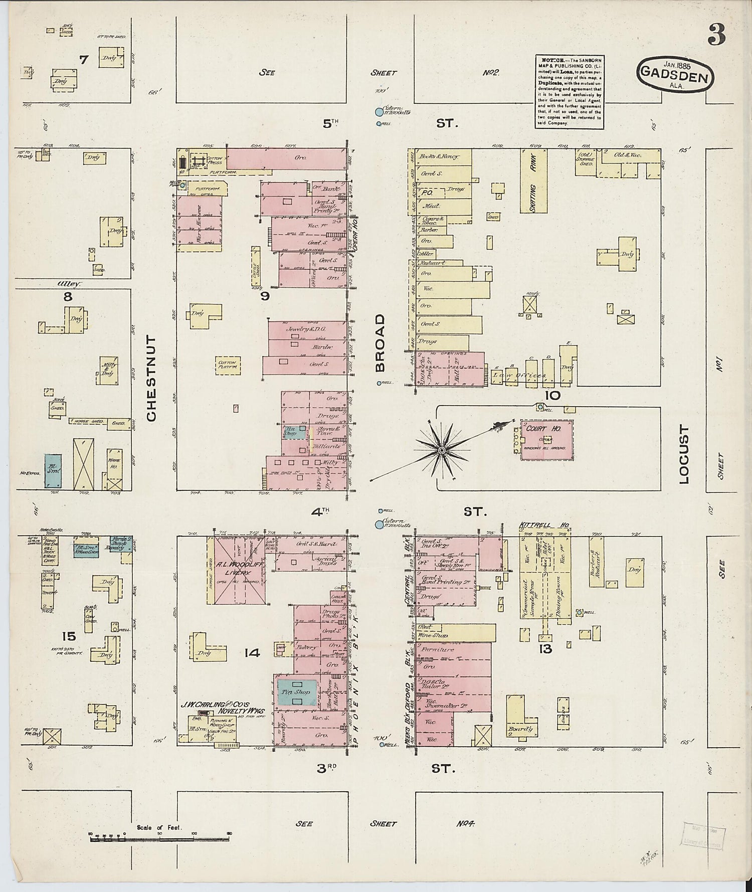 This old map of Gadsden, Etowah County, Alabama was created by Sanborn Map Company in 1885