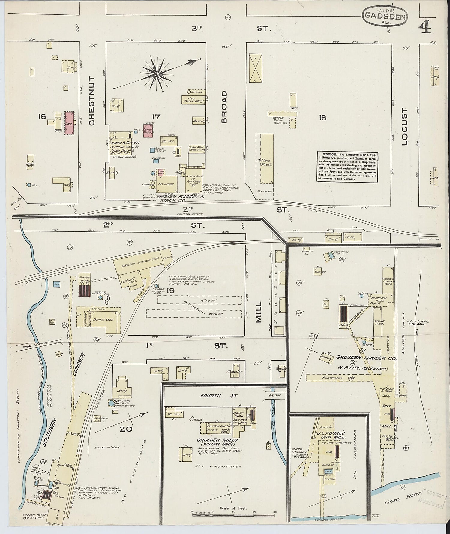 This old map of Gadsden, Etowah County, Alabama was created by Sanborn Map Company in 1885