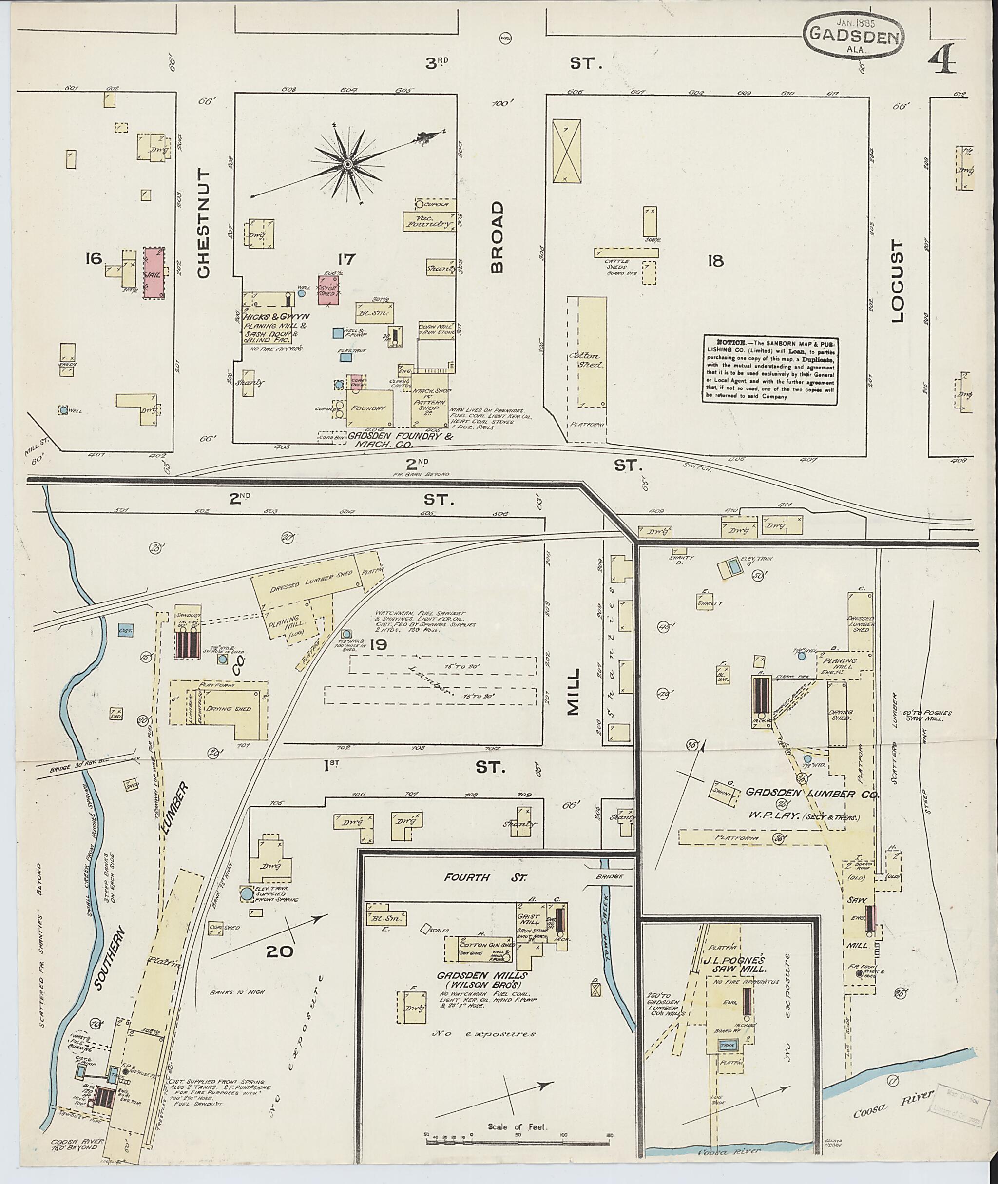 This old map of Gadsden, Etowah County, Alabama was created by Sanborn Map Company in 1885