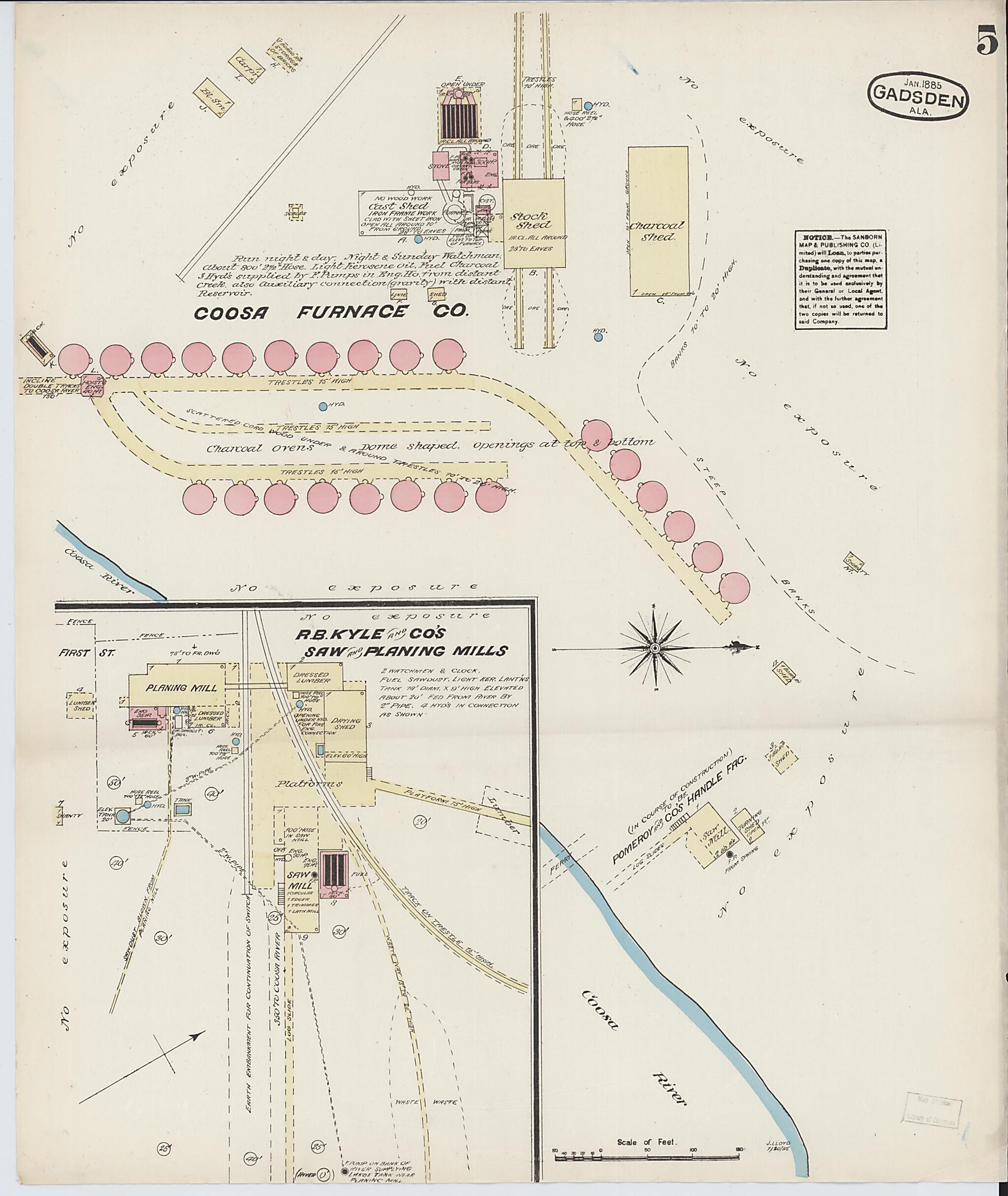 This old map of Gadsden, Etowah County, Alabama was created by Sanborn Map Company in 1885