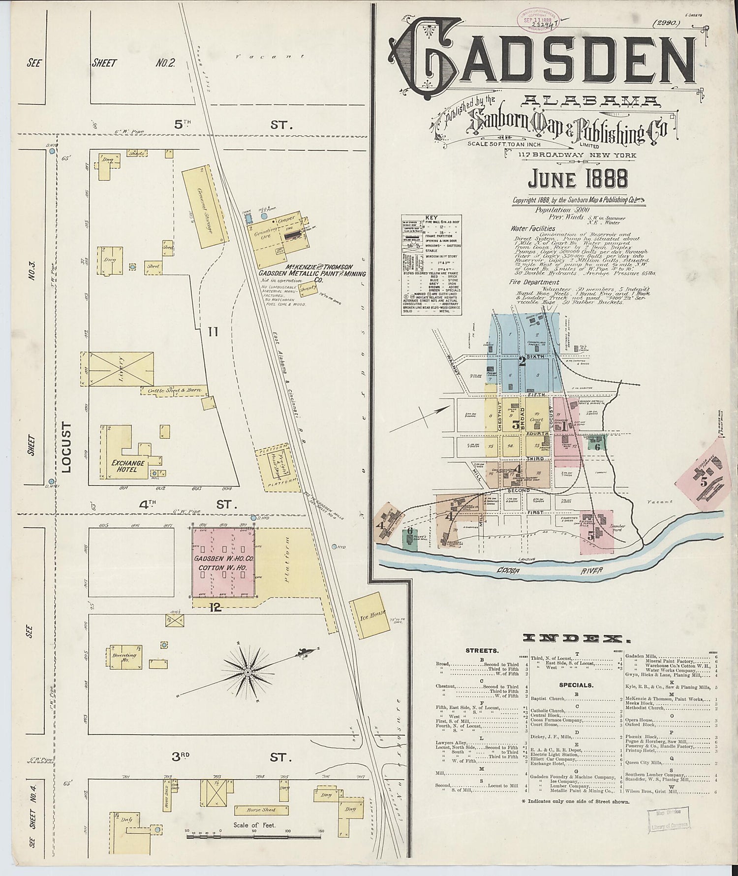 This old map of Gadsden, Etowah County, Alabama was created by Sanborn Map Company in 1888