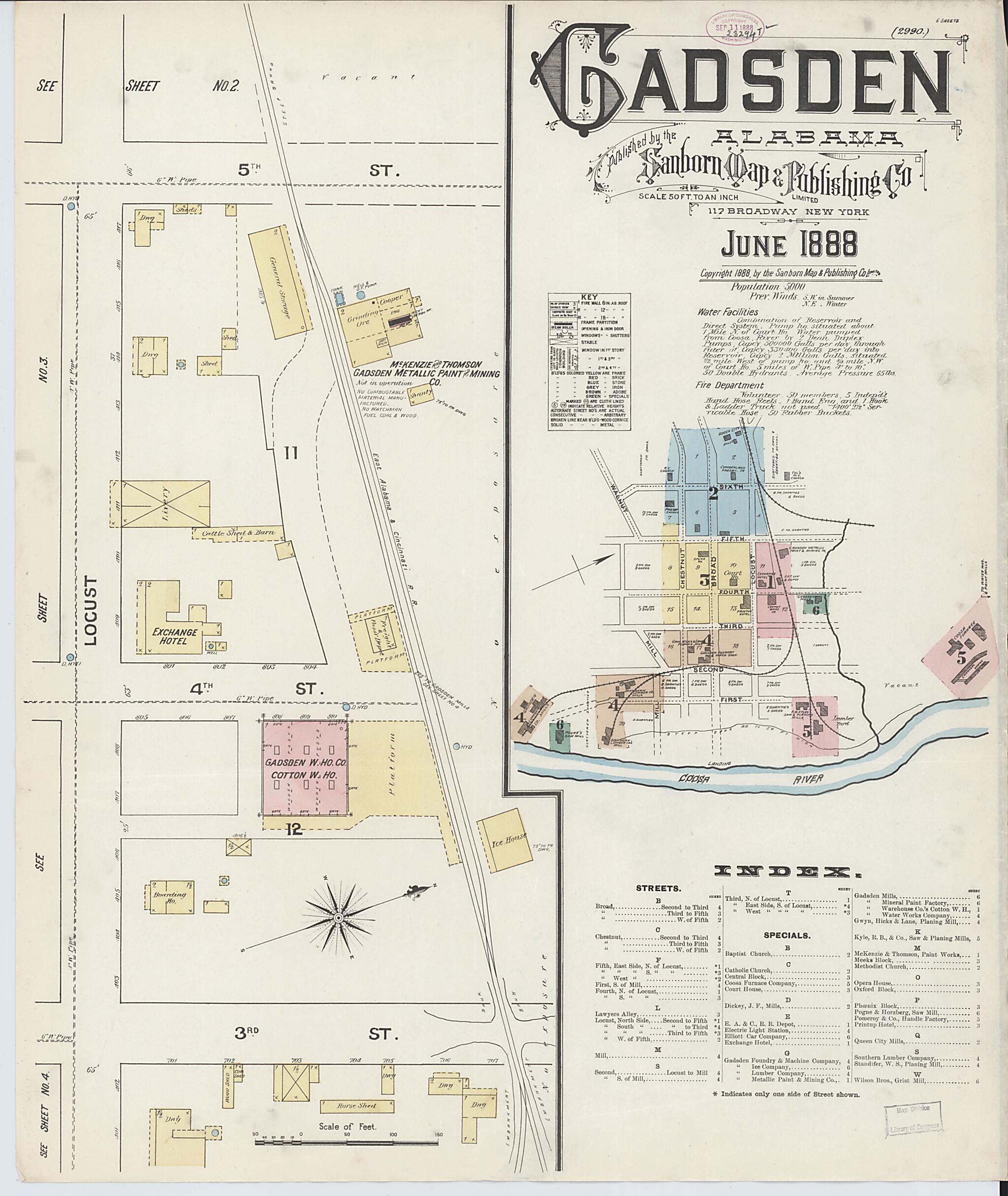 This old map of Gadsden, Etowah County, Alabama was created by Sanborn Map Company in 1888