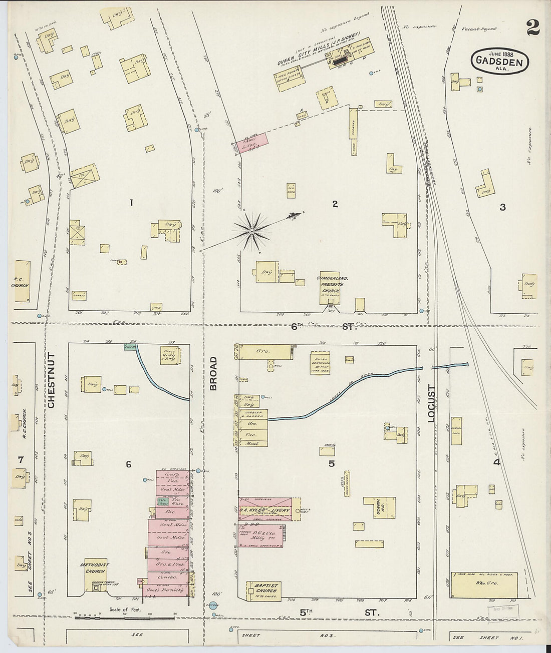 This old map of Gadsden, Etowah County, Alabama was created by Sanborn Map Company in 1888