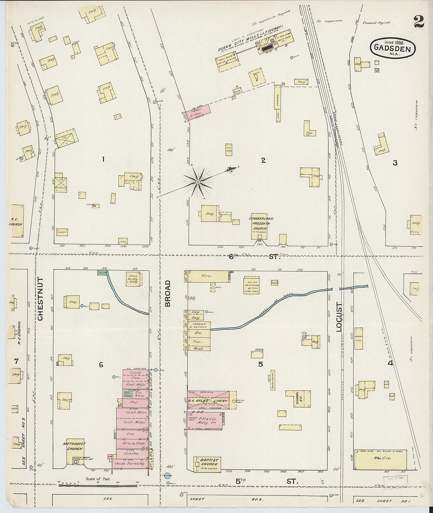 This old map of Gadsden, Etowah County, Alabama was created by Sanborn Map Company in 1888